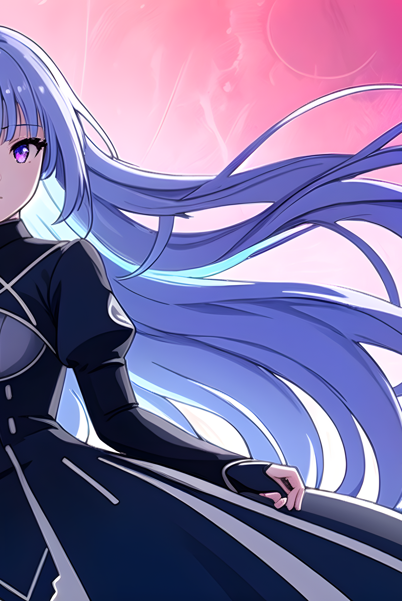 Anime girl with long flowing lavender hair and violet eyes in a dark dress against a glowing pink background, designed as a phone wallpaper for iPhone and Android.