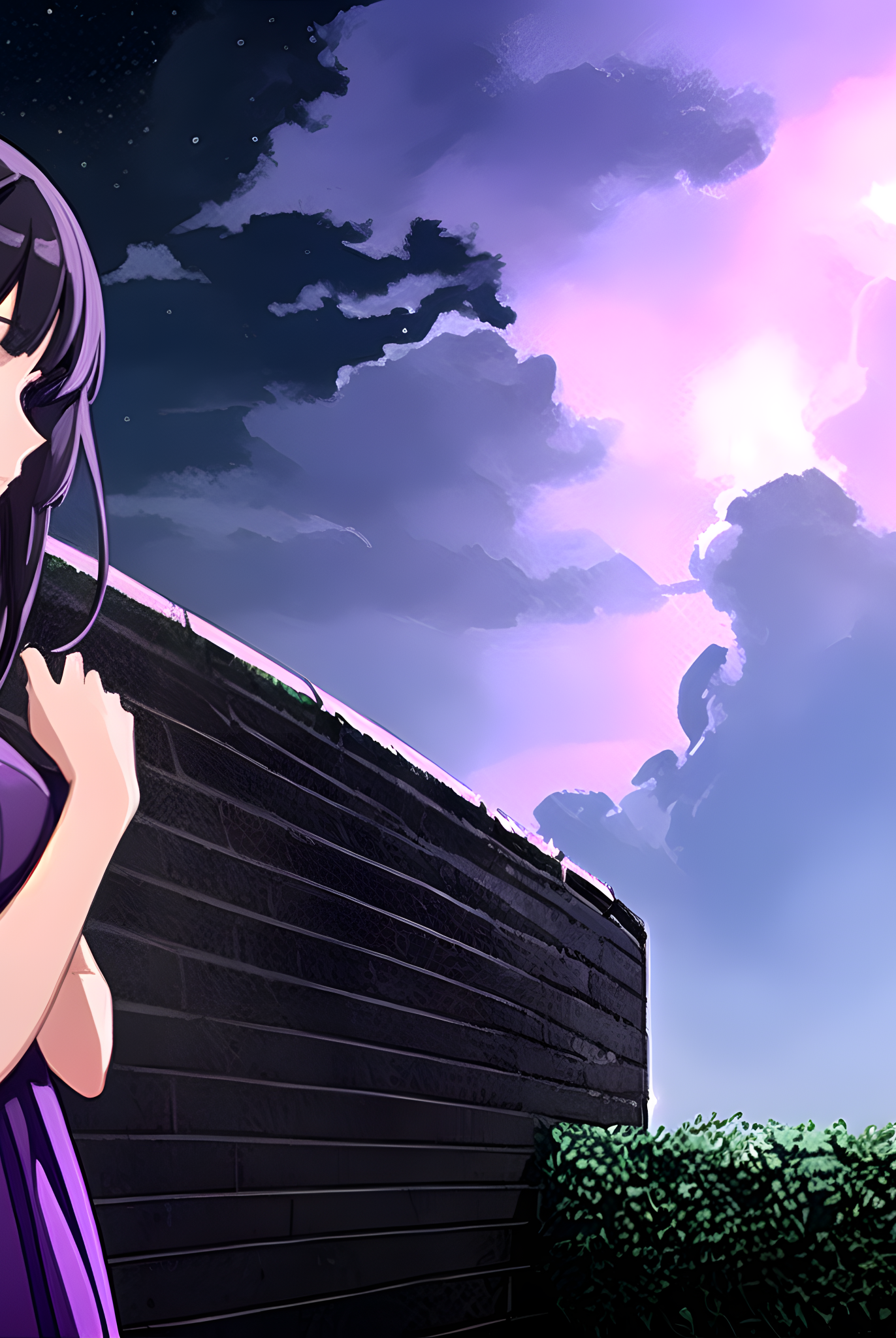 Vertical phone wallpaper (iPhone & Android): anime girl in a purple dress beside a brick wall beneath a dramatic pink-purple sky.