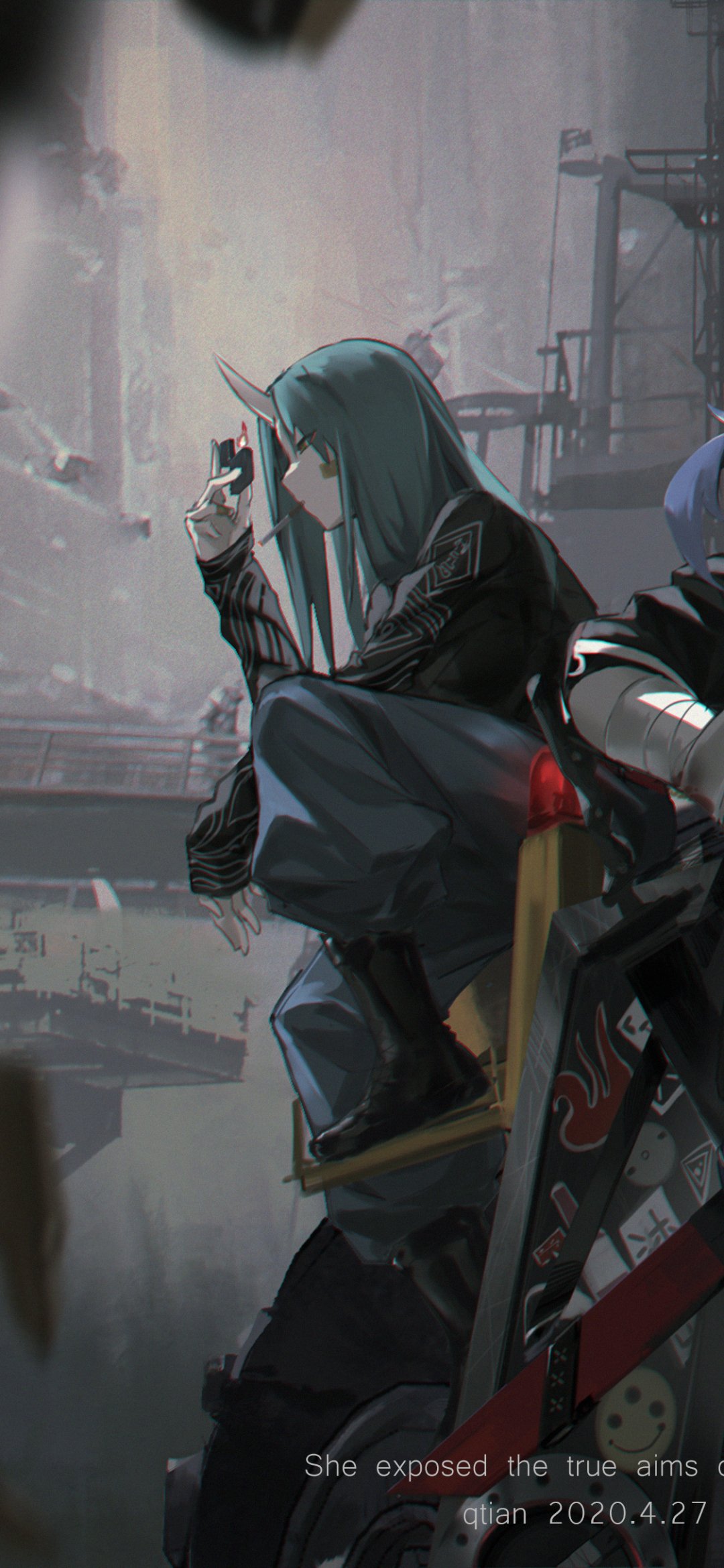 Vertical Arknights phone wallpaper: hooded, teal-haired operator crouches on an industrial ledge with a sheathed sword, foggy dystopian cityscape and scaffolding looming behind.