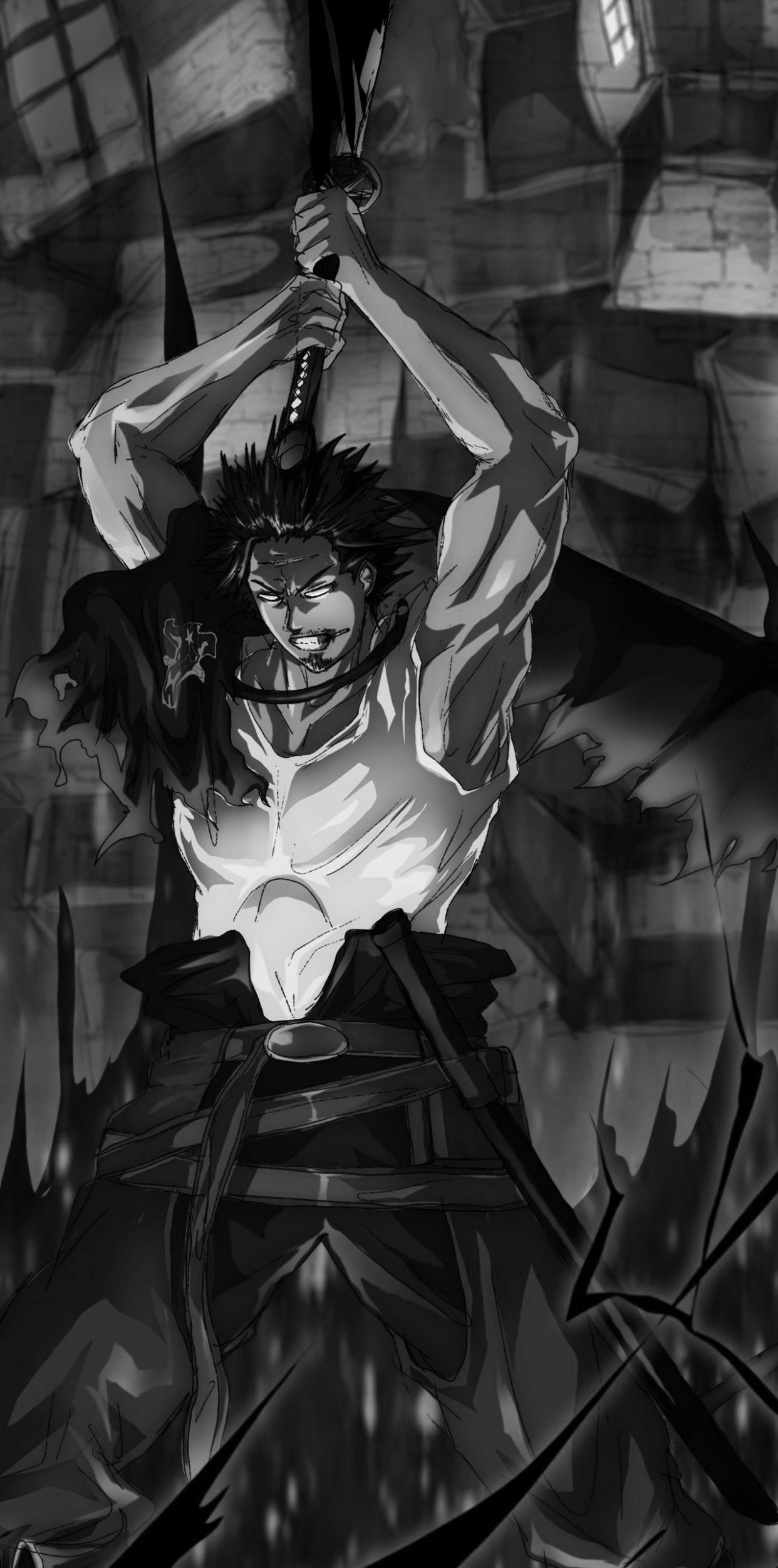 Black Clover anime phone wallpaper featuring a muscular character poised to strike with a sword, rendered in intense black-and-white tones for iPhone and Android screens.