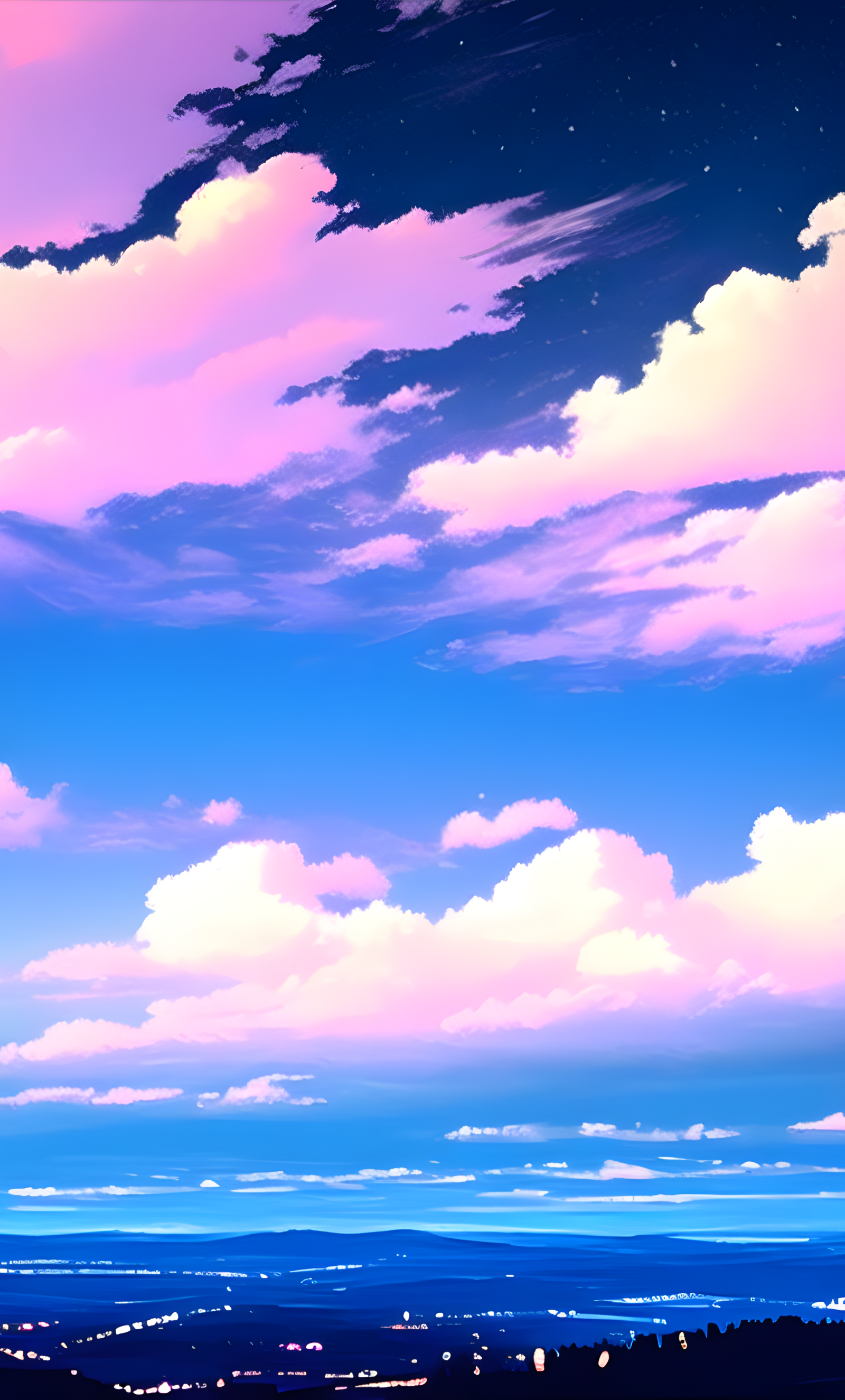 Anime landscape phone wallpaper: pastel sunset clouds blending into starry twilight above distant city lights and rolling hills.