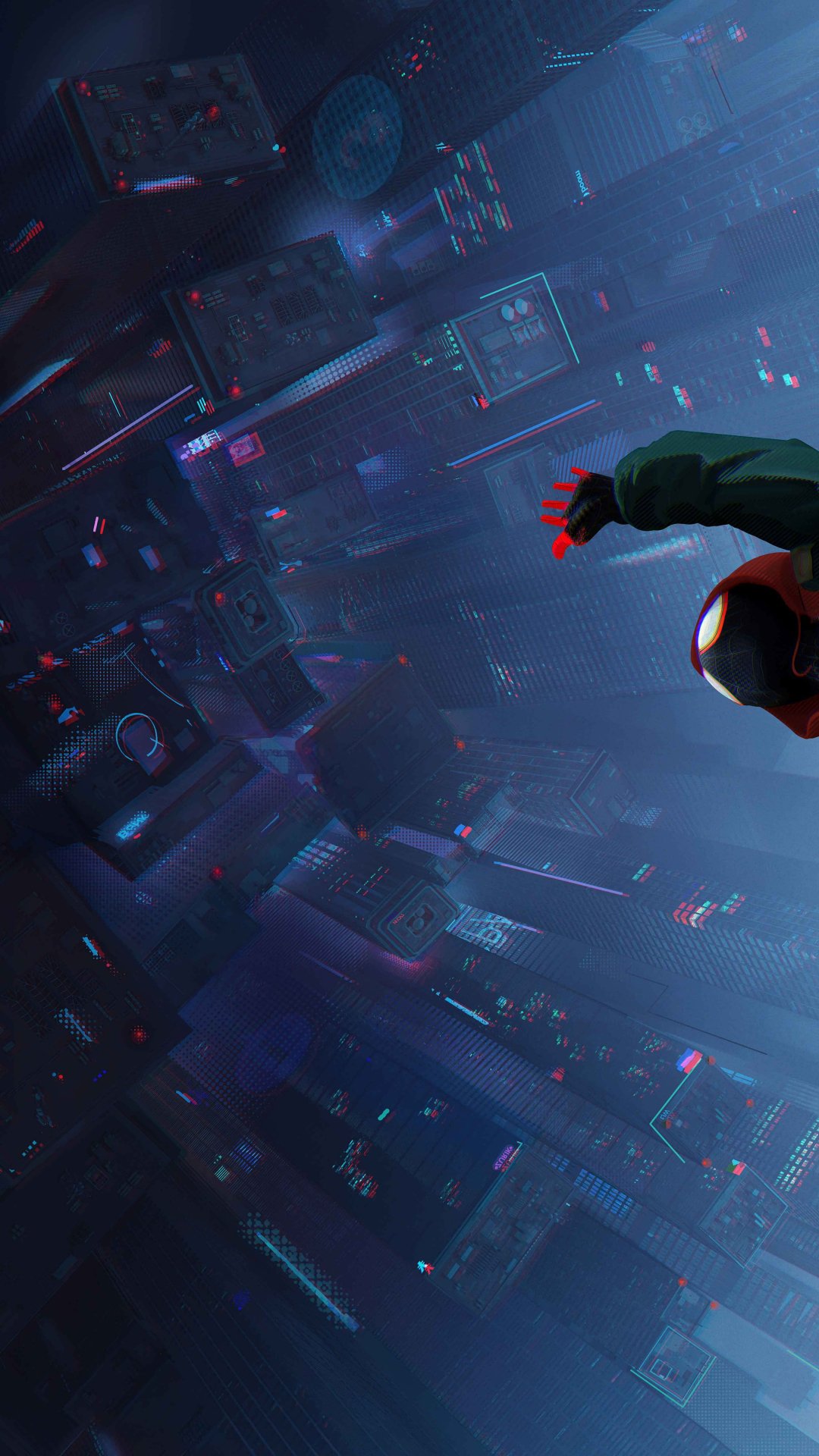 Vertical phone wallpaper from the movie Spider-Man: Into the Spider-Verse — Miles Morales swinging through a neon, rain-soaked cityscape at night.