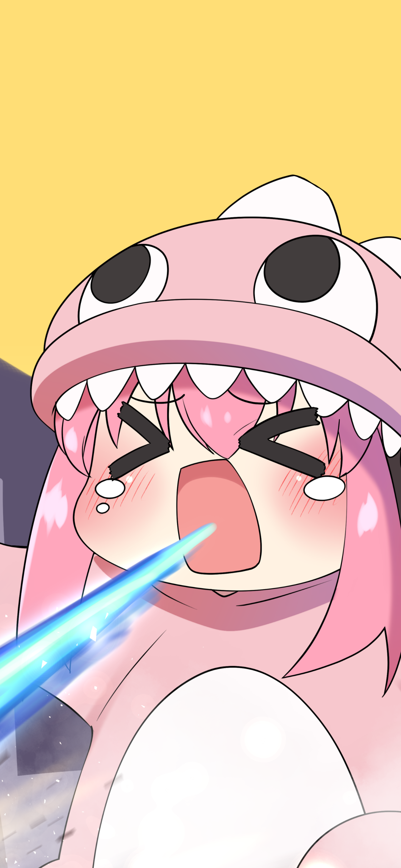 Anime-style phone wallpaper featuring a character from Bocchi the Rock! with pink hair and a cute shark hoodie, against a yellow and blue background.