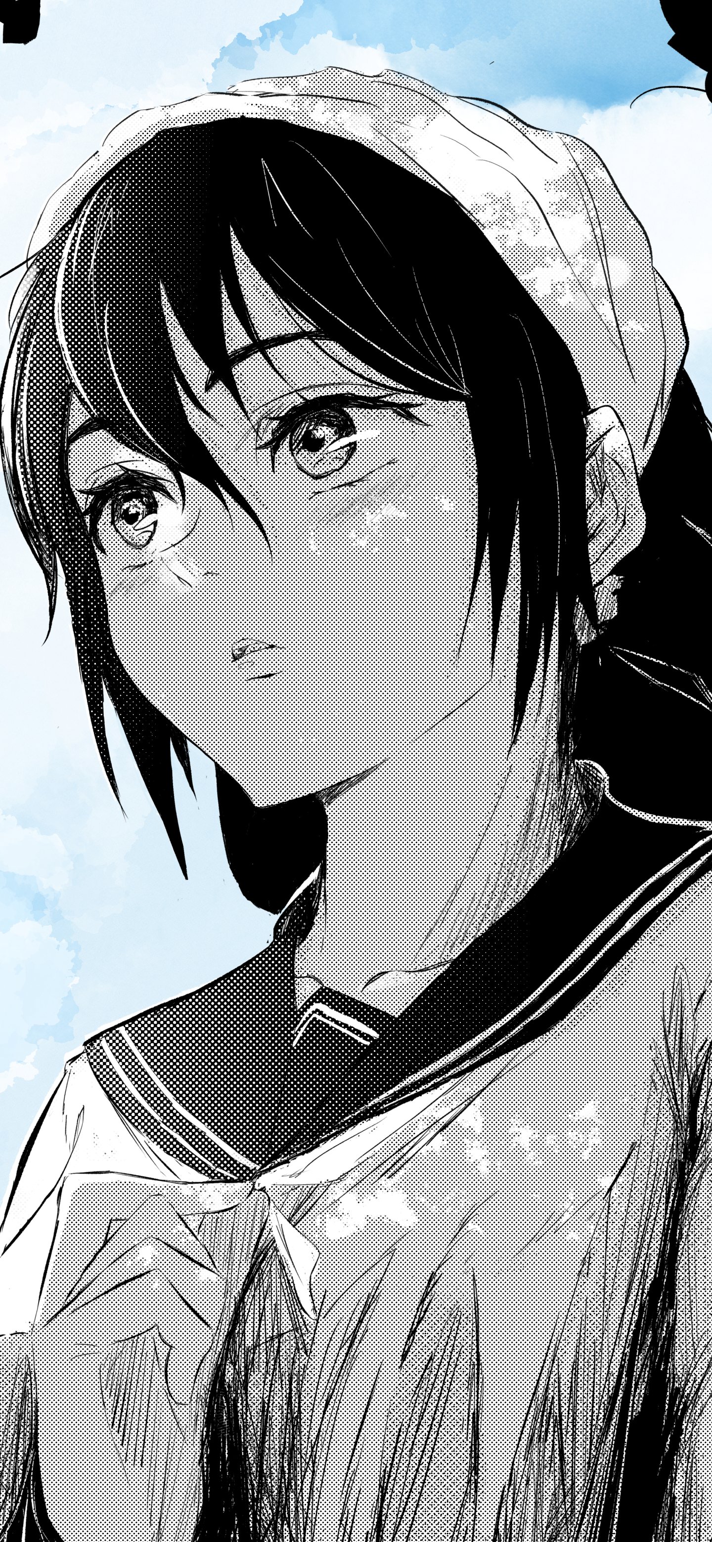 Anime Jujutsu Kaisen phone wallpaper — black-and-white manga portrait of a thoughtful schoolgirl wearing a headscarf against a pale blue sky; sized for iPhone and Android phones.