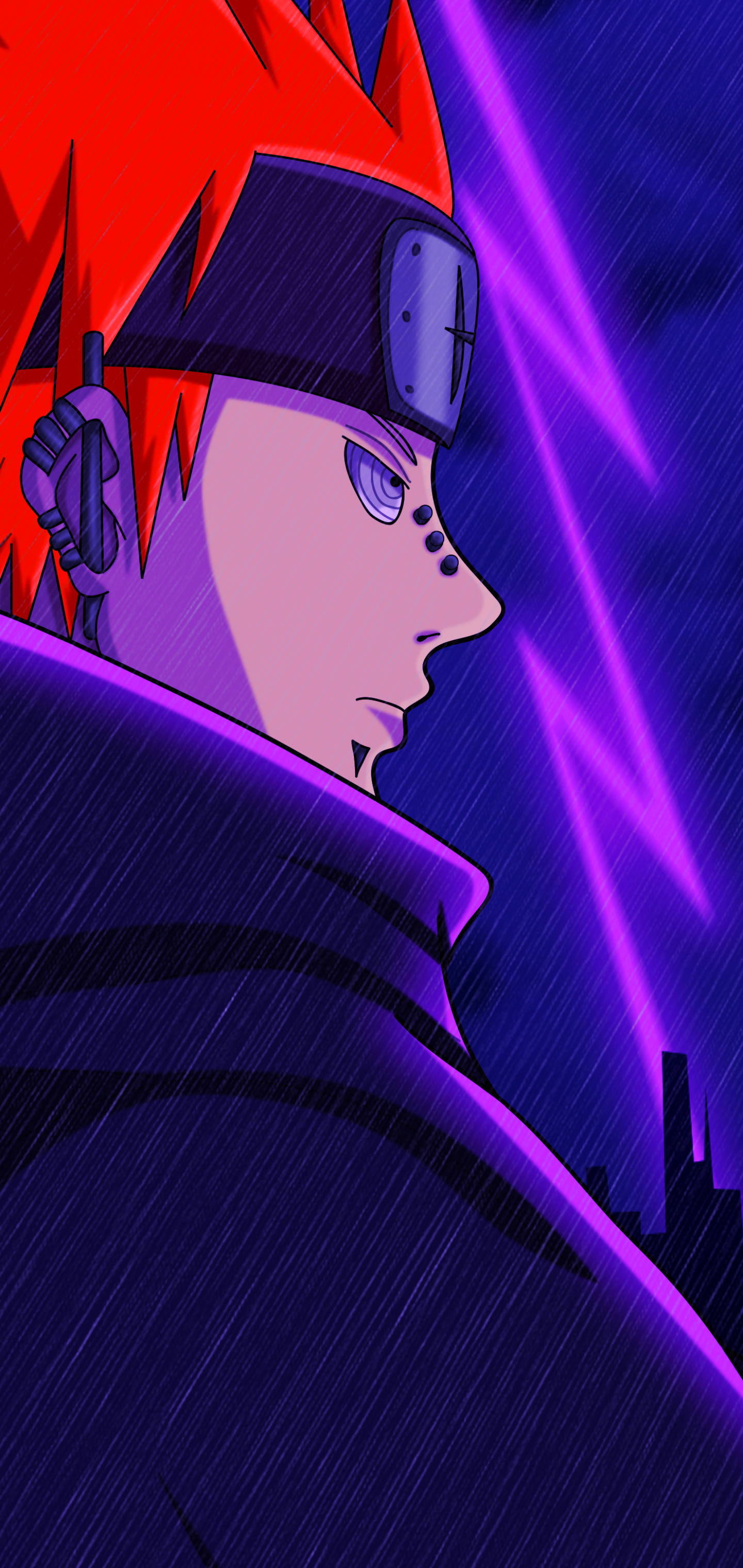Anime-style phone wallpaper featuring Pain from Naruto, with striking red hair and purple lightning in the background, designed for iPhone and Android displays.