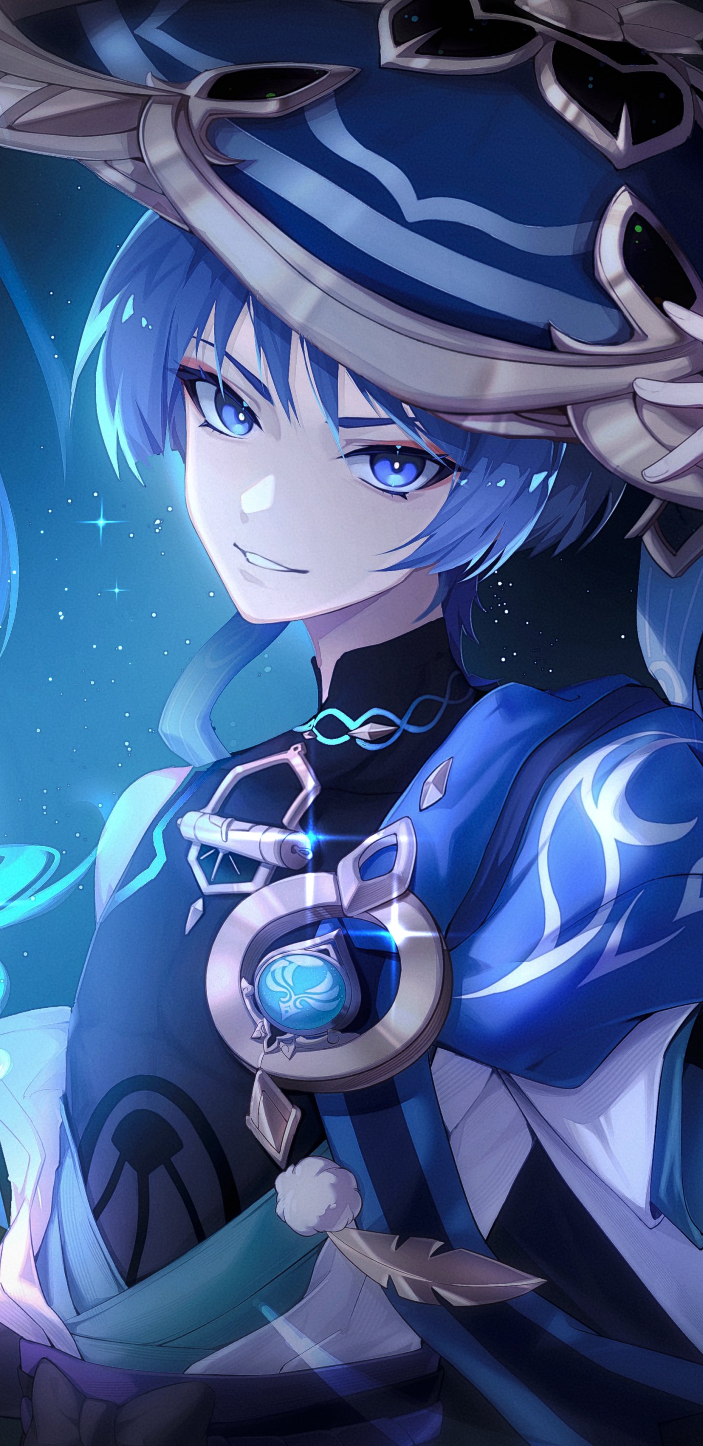 Genshin Impact video game phone wallpaper (iPhone/Android): blue-haired mage in an ornate hat, holding a glowing orb amid a starry blue background, gazing confidently at the viewer.