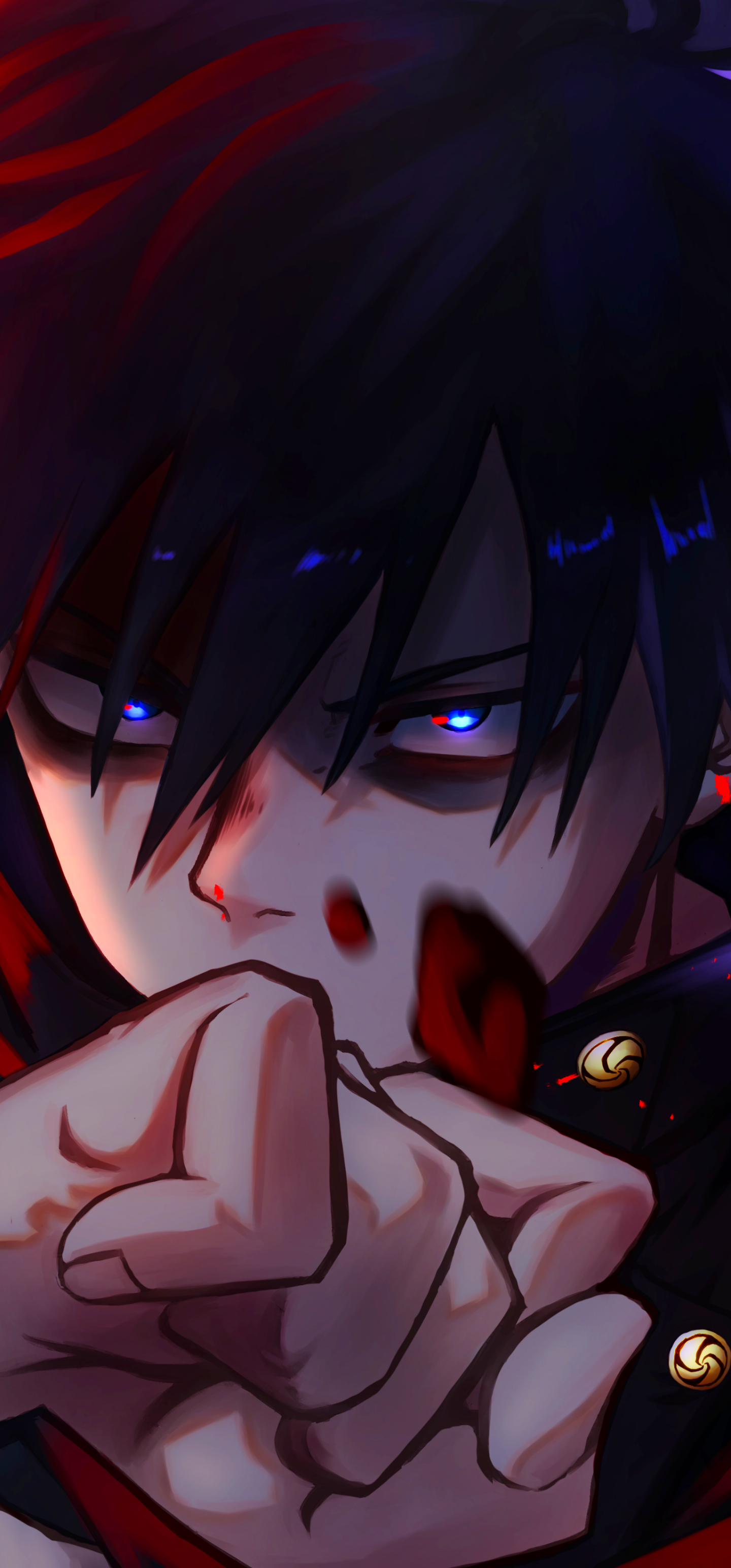 Anime-style Jujutsu Kaisen character with intense blue eyes and dark hair, shown in a dramatic close-up, designed as a vibrant phone wallpaper for iPhone and Android.