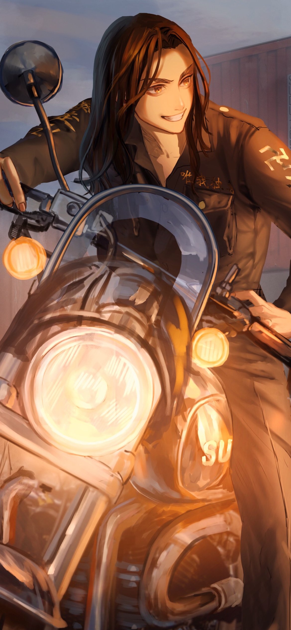 Anime Tokyo Revengers phone wallpaper: long-haired rider grinning on a glowing motorcycle at dusk, vertical composition for iPhone and Android.