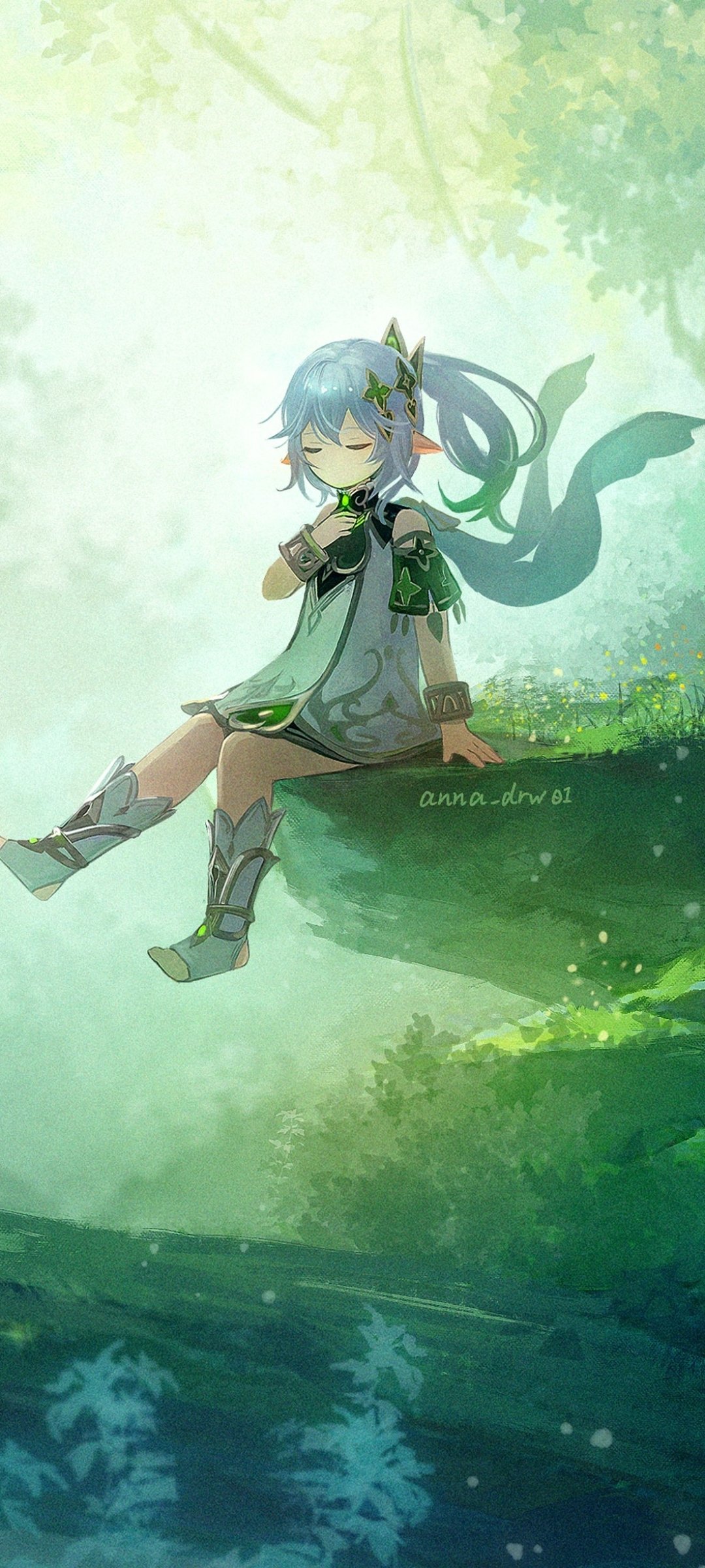 Phone wallpaper featuring a serene Genshin Impact character sitting on a branch, surrounded by lush green forest, designed for iPhone and Android screens.
