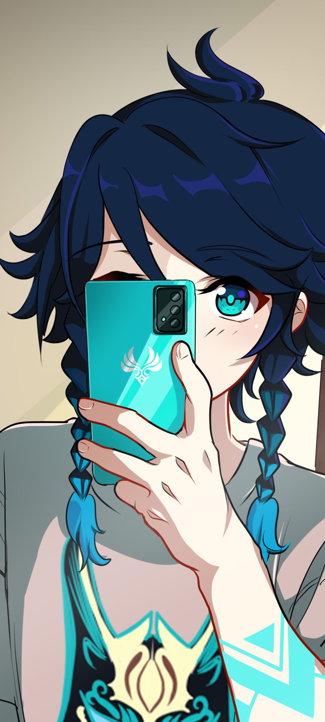 Phone wallpaper of a Genshin Impact video game character with dark blue braided hair and cyan eyes, holding a teal phone that hides their lower face.
