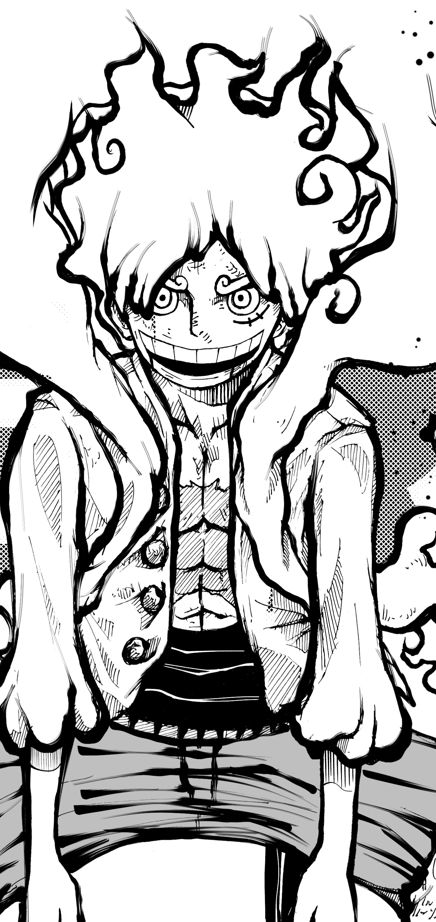 Monochrome One Piece anime phone wallpaper for iPhone and Android: Luffy with flaming hair, wide grin, open coat and scarred chest in a bold vertical composition.