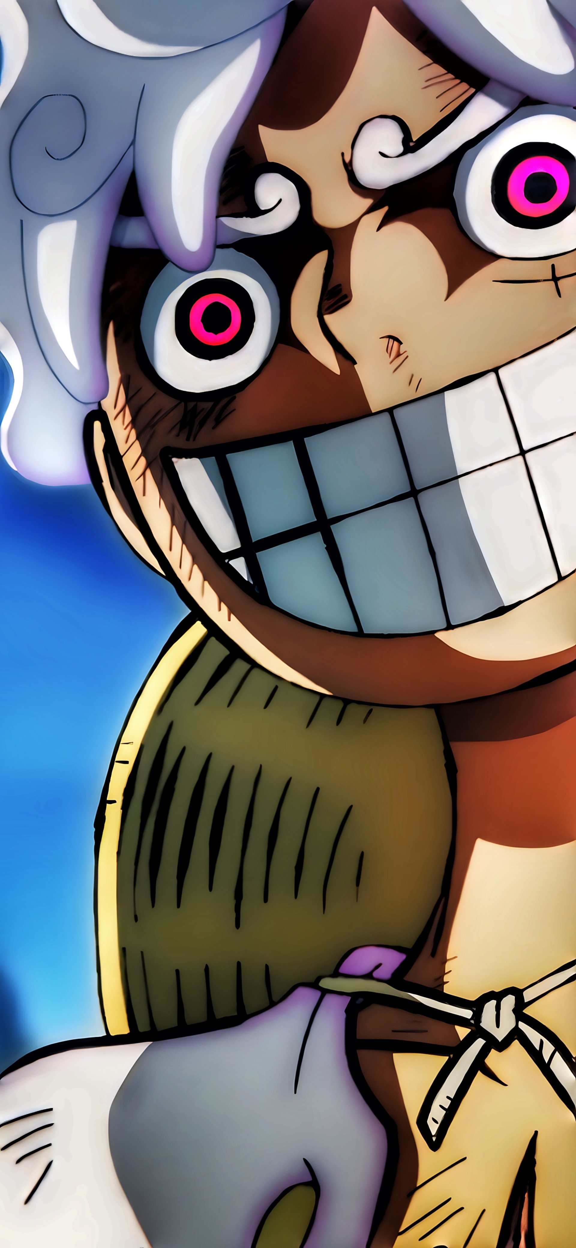 Anime One Piece phone wallpaper featuring a close-up of a character with wide eyes and a large grin, designed to display well on both iPhone and Android screens.