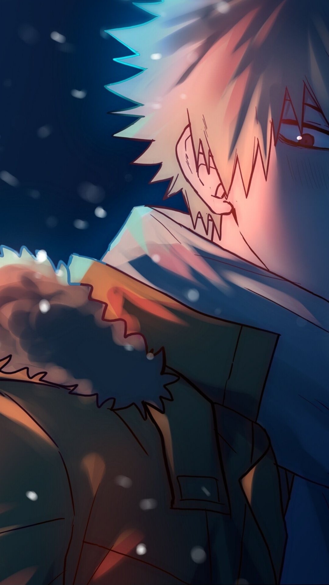 Phone wallpaper of anime character Katsuki Bakugou from My Hero Academia — close-up half-face in a fur-lined coat, falling snowflakes and warm rim lighting against a dark blue background.