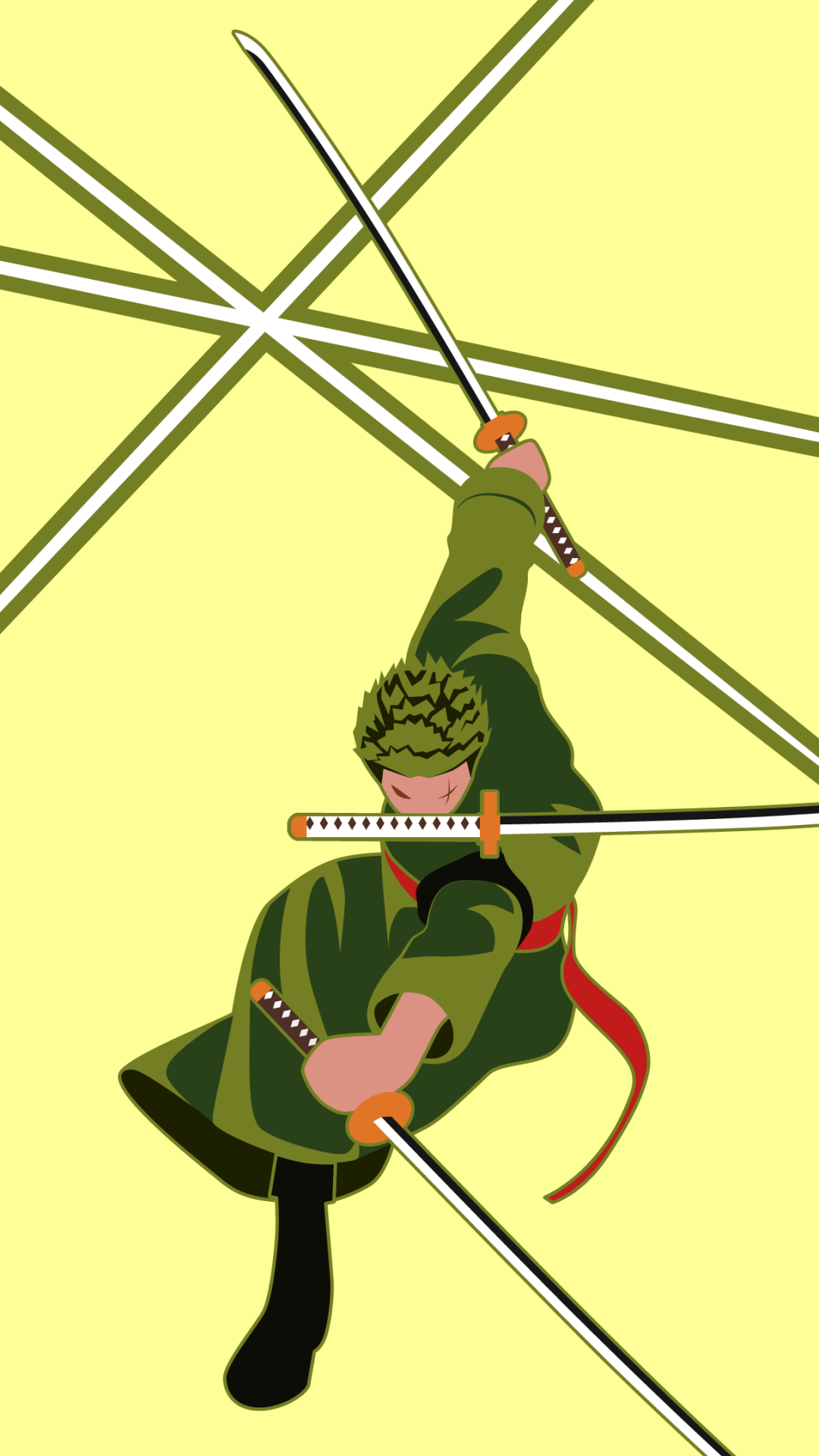 One Piece anime phone wallpaper: Zoro in green coat wielding three swords in a dynamic overhead pose on a yellow geometric background — works on iPhone and Android phones.
