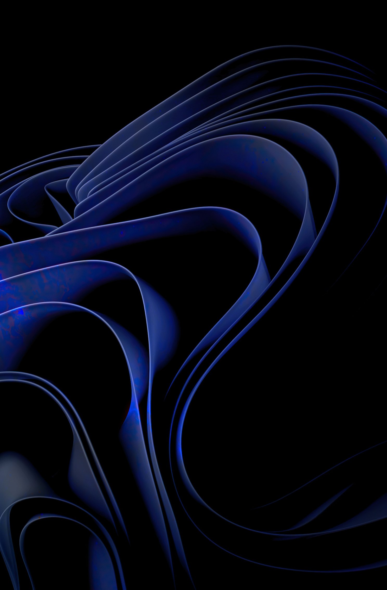 Abstract dark blue ribbon folds on a black background, Windows 11 technology phone wallpaper compatible with iPhones and Android phones.