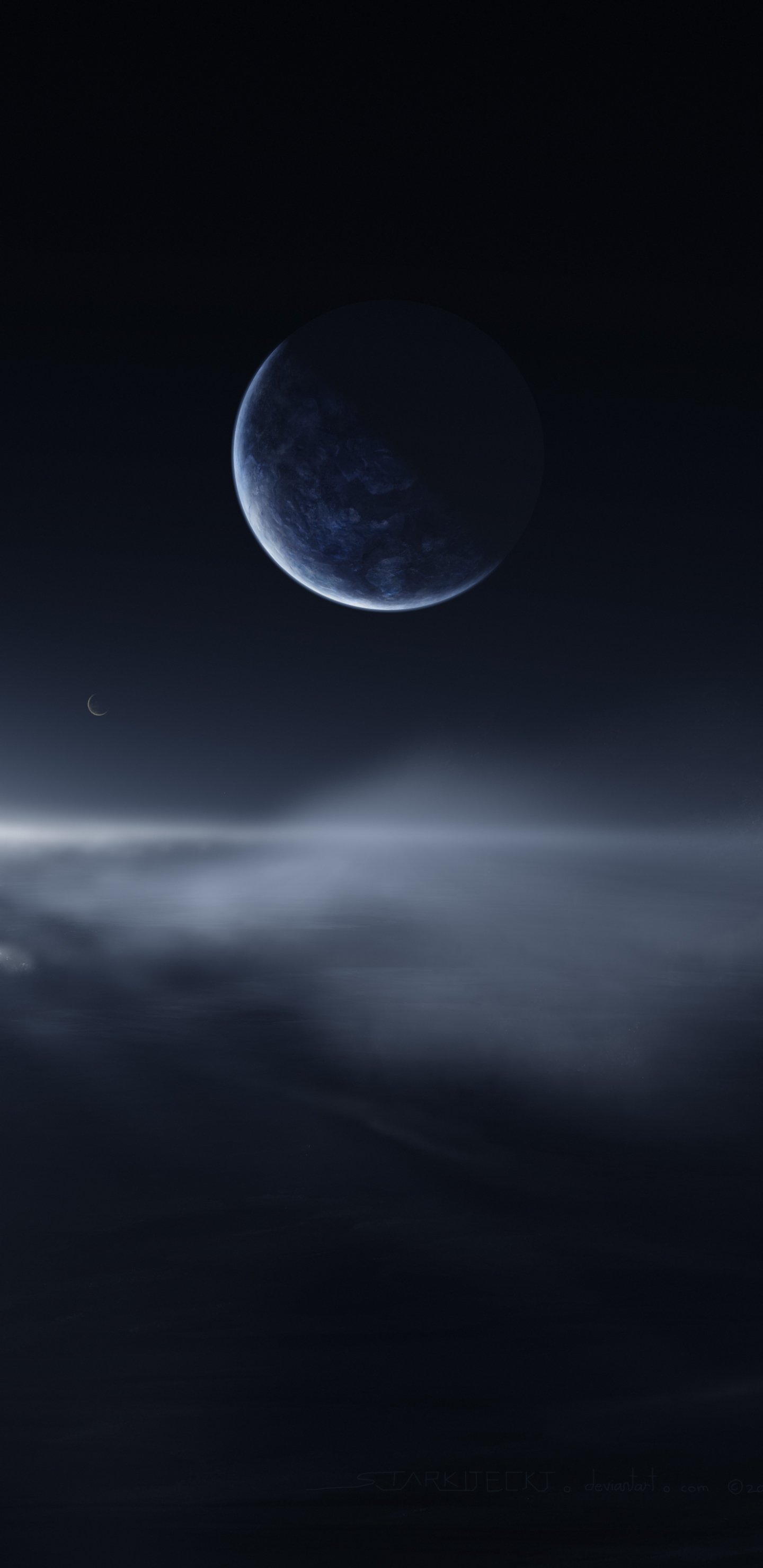 Sci‑fi phone wallpaper: a dim blue planet hangs above misty cloud cover over a dark horizon, a faint crescent moon glowing nearby.