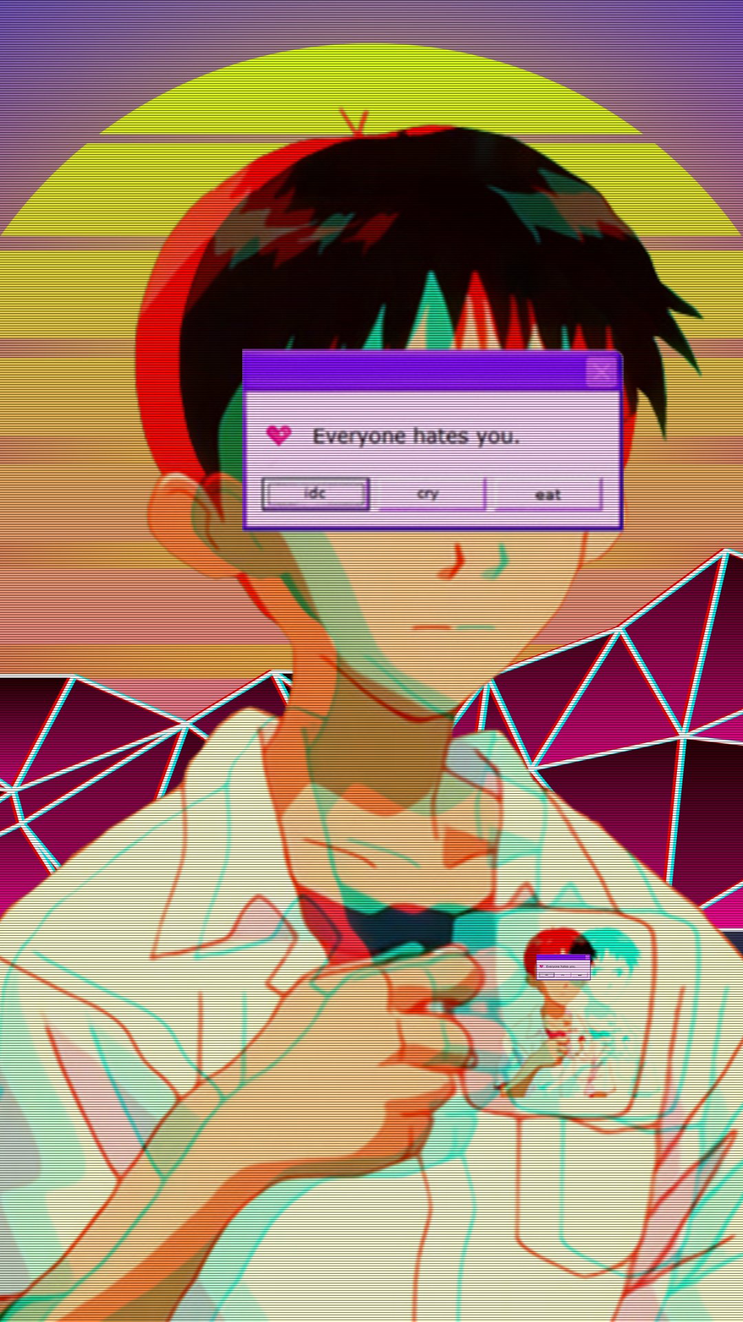 Anime-style Neon Genesis Evangelion phone wallpaper featuring a glitchy, retro computer error message over a character holding an ID badge, with a vibrant, digital background.