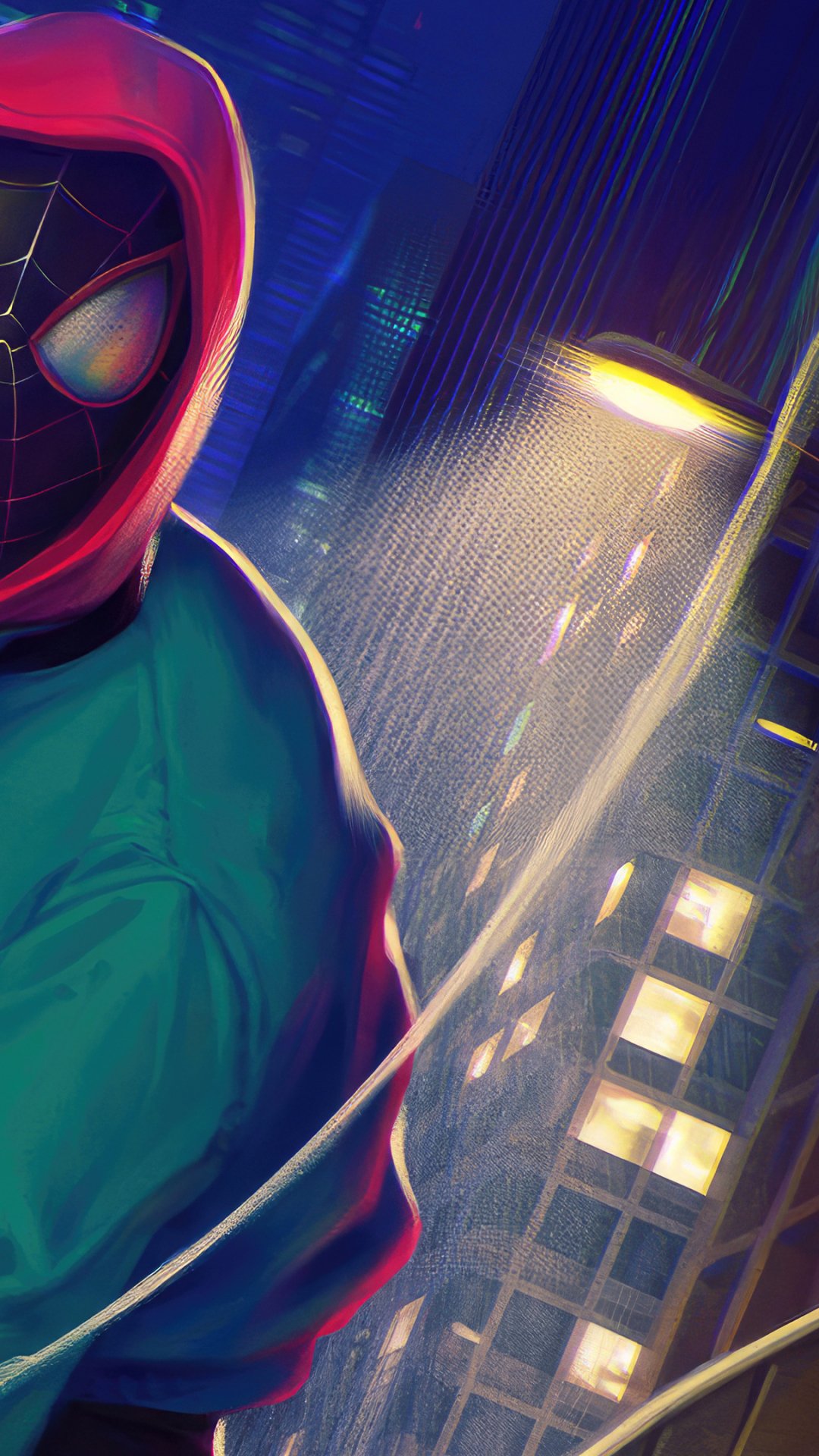 Phone wallpaper featuring Spider-Man from Spider-Man: Into The Spider-Verse, showcasing vibrant colors and dynamic cityscape, compatible with iPhone and Android screens.