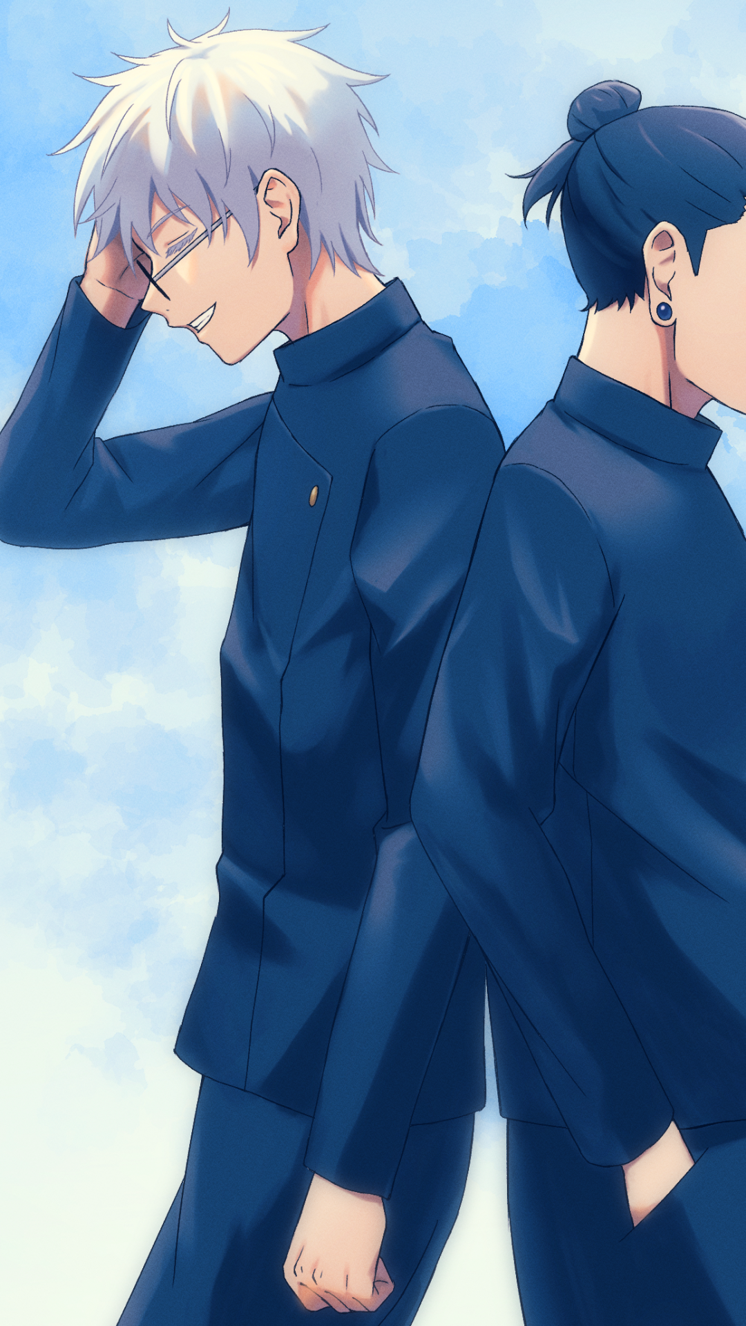 Anime-style phone wallpaper featuring two characters from Jujutsu Kaisen against a soft blue sky background, designed for seamless display on iPhones and Android devices.