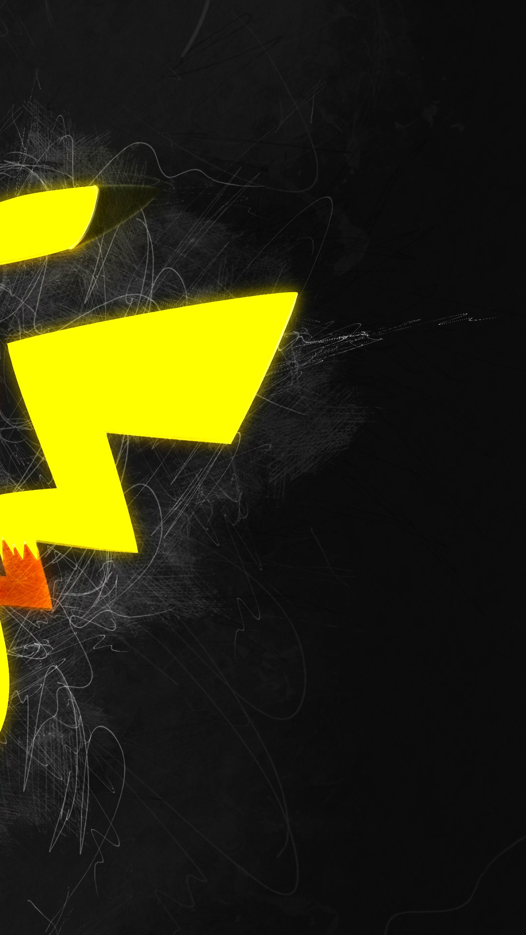 Bold anime-style Pikachu silhouette in neon yellow with orange accents and white energy scribbles on a black background — phone wallpaper sized for iPhone and Android.
