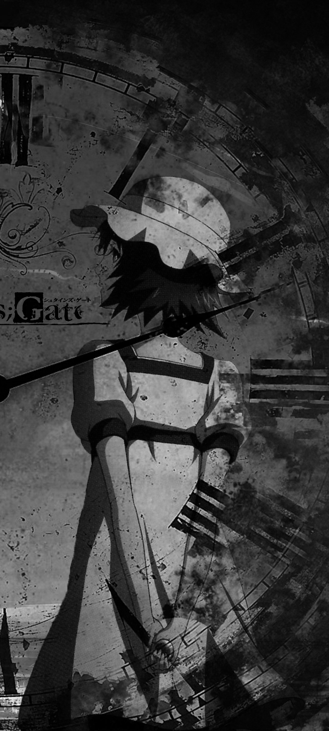 Monochrome Steins;Gate anime phone wallpaper: shadowed figure in a hat and uniform, abstract clock gears and ink splatters, a dark crow silhouette crossing the chest, haunting textured background.