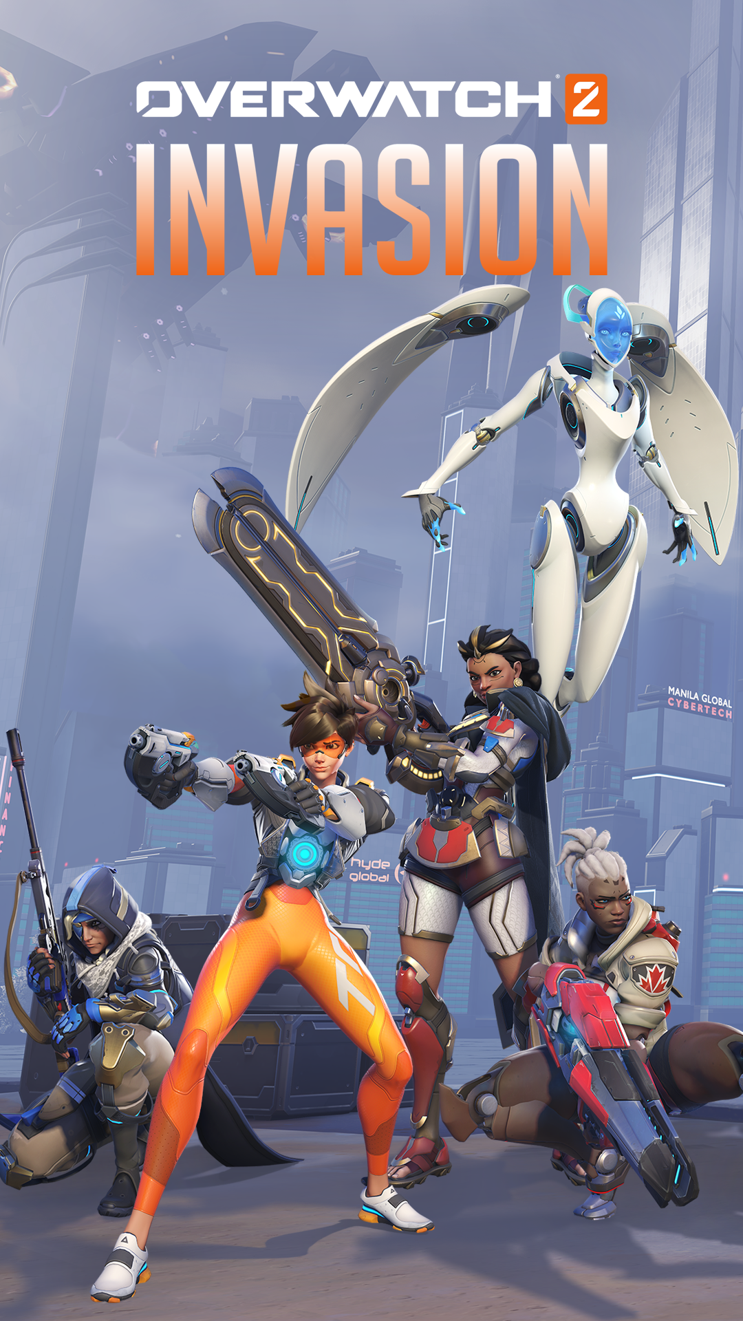 Overwatch 2 Invasion themed phone wallpaper featuring dynamic poses of popular characters from the game.