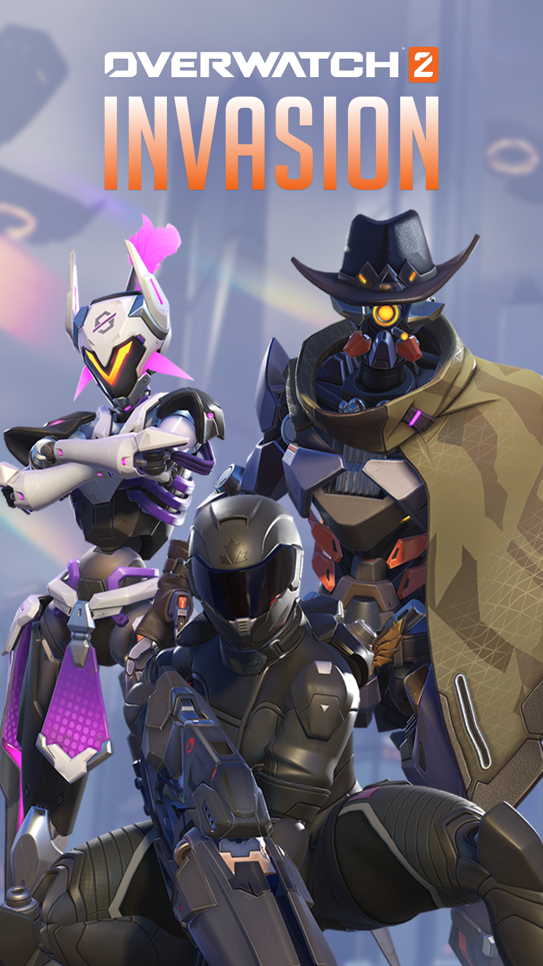 Overwatch 2 Invasion themed mobile wallpaper featuring dynamic character artwork.