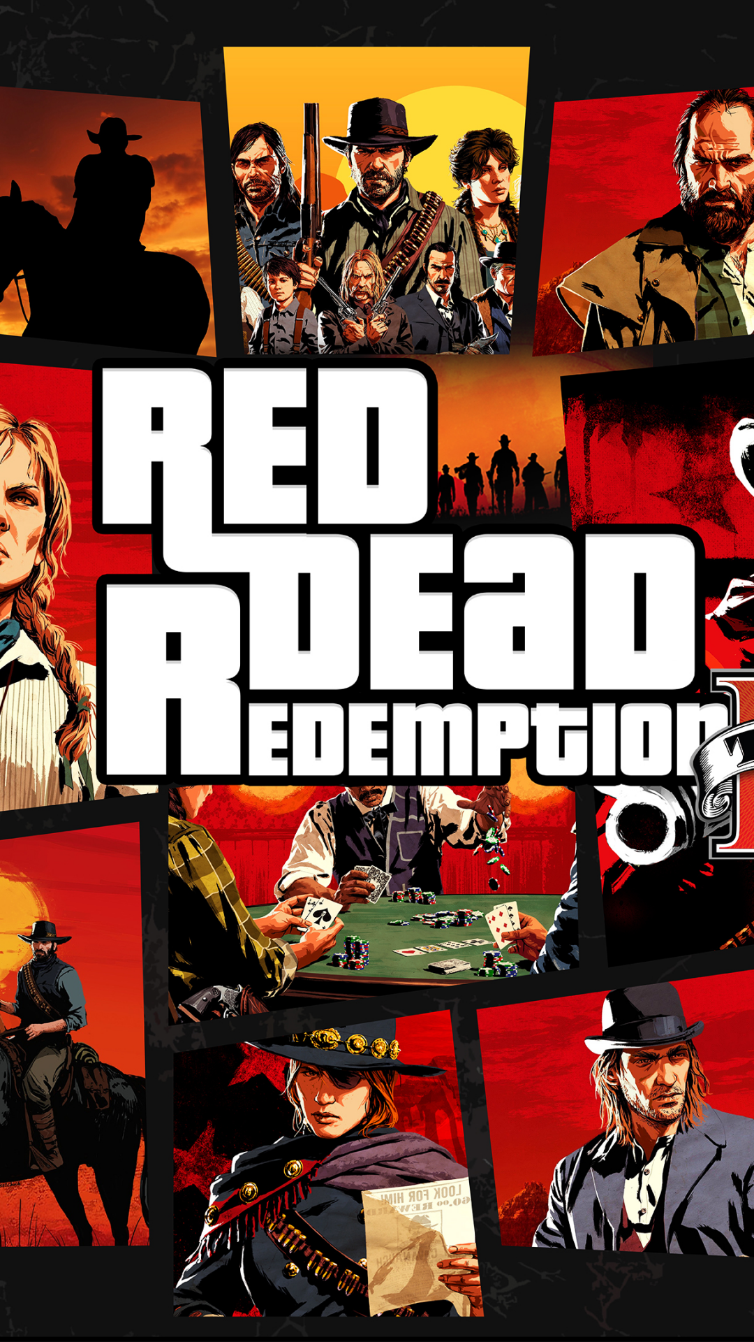 Vertical phone wallpaper featuring characters and scenes from the video game Red Dead Redemption 2 with bold game title text in the center.