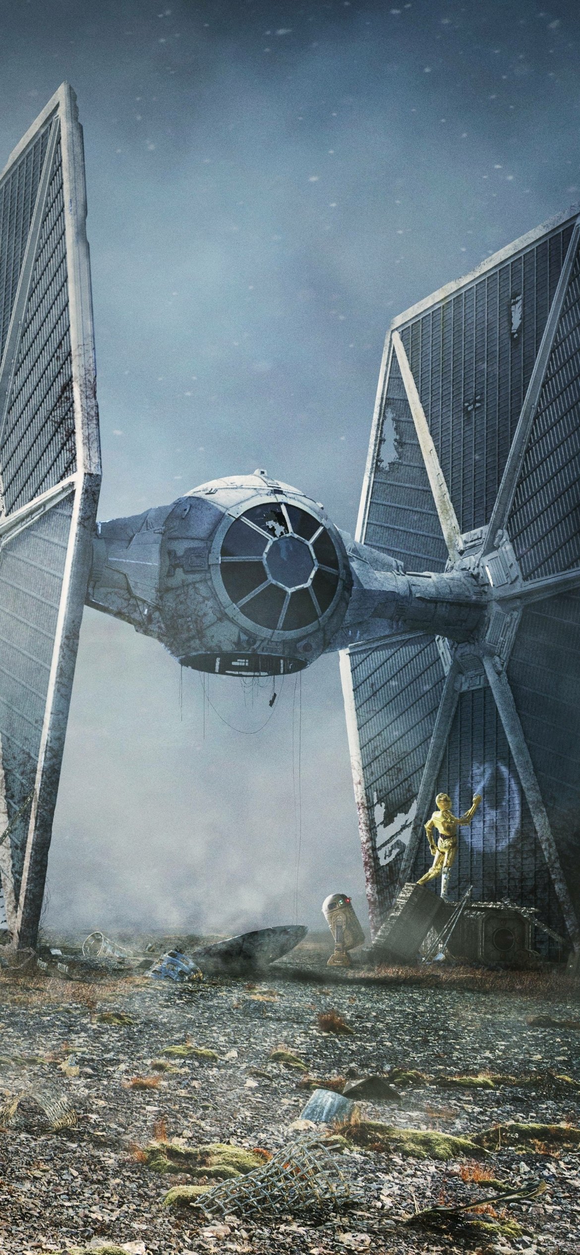 Phone wallpaper featuring a detailed Star Wars TIE fighter on a misty sci-fi landscape, designed to fit iPhone and Android screens.