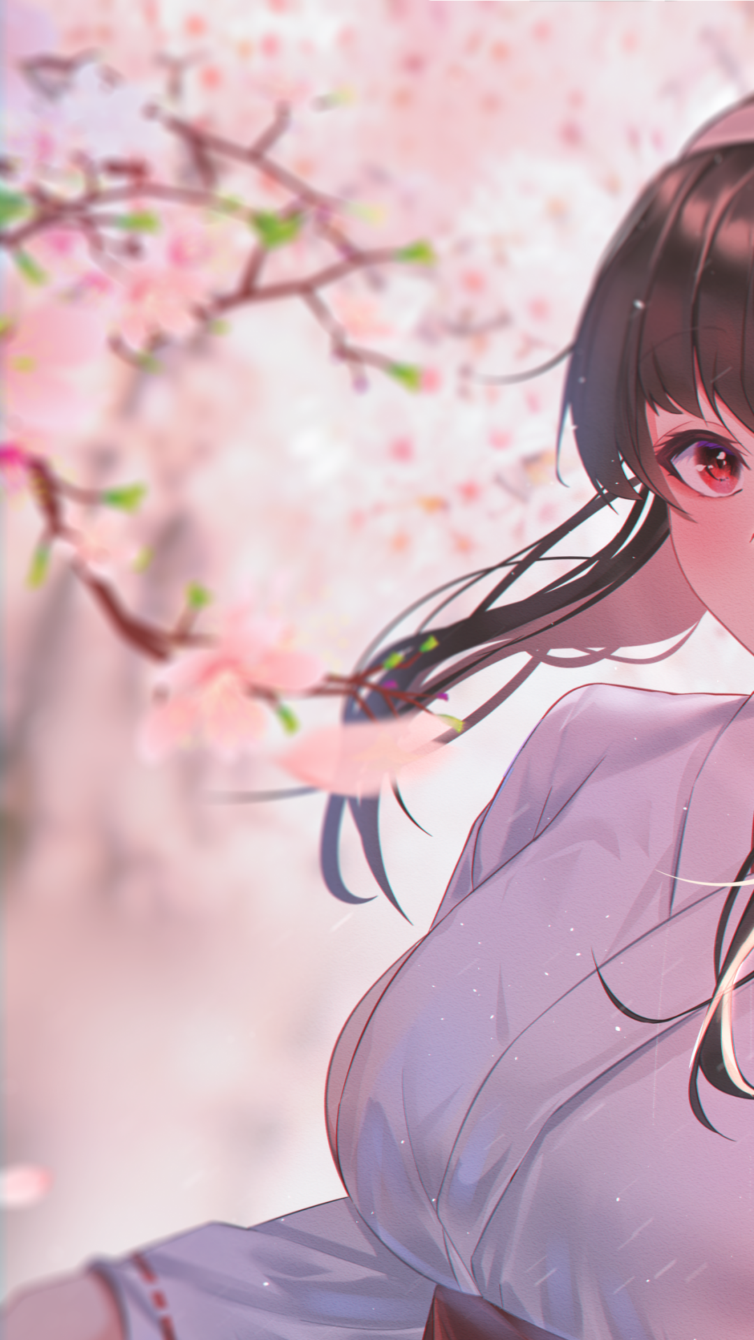 Anime Spy x Family phone wallpaper — close-up of a dark-haired woman in white, delicate cherry blossoms and soft pink bokeh drifting across the background.