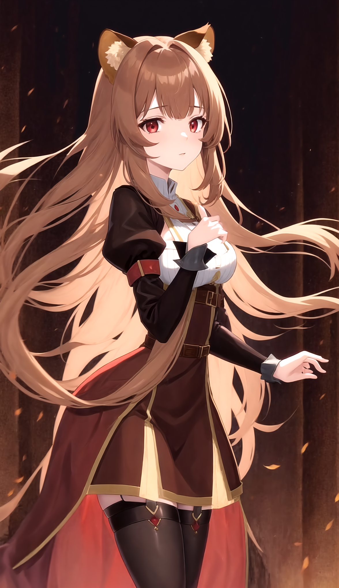 Phone wallpaper featuring Raphtalia (The Rising of the Shield Hero) — anime portrait of her with fox ears, long flowing hair, brown outfit and a soft, determined gaze.