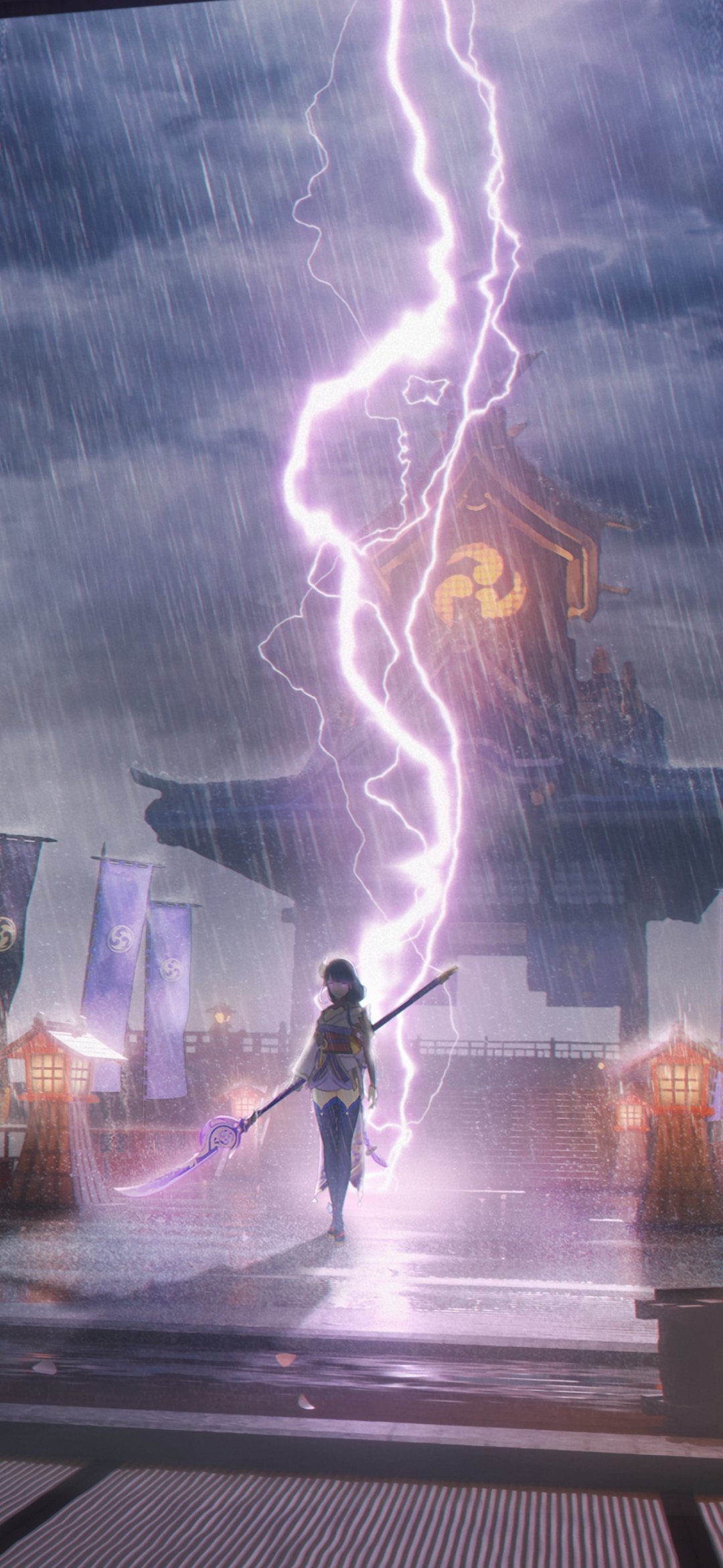 A Genshin Impact-themed phone wallpaper featuring a character wielding a spear amid a storm with vivid lightning striking a traditional building.