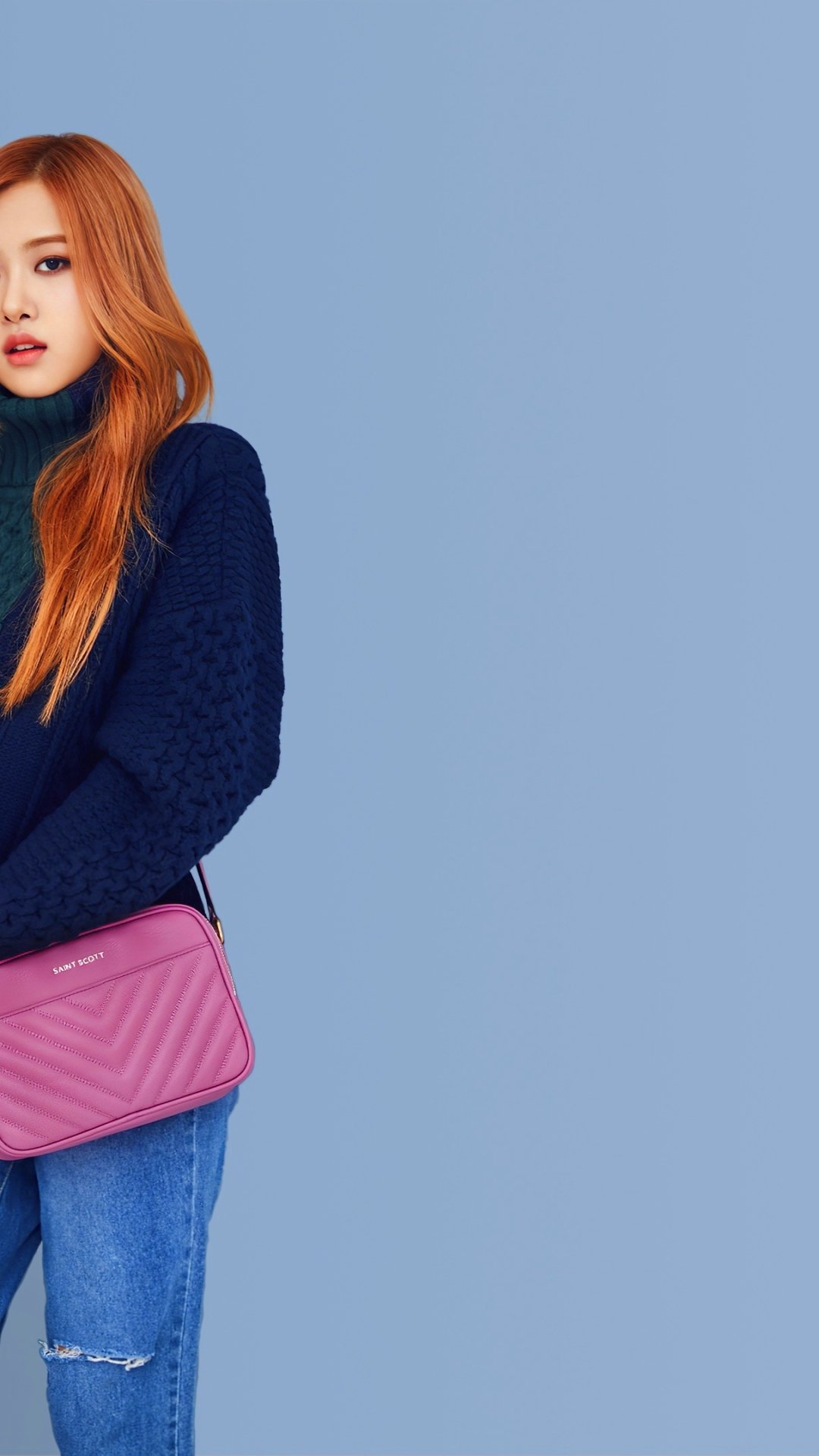 Phone wallpaper featuring a BlackPink member against a solid light blue background, blending music and style for both iPhone and Android displays.