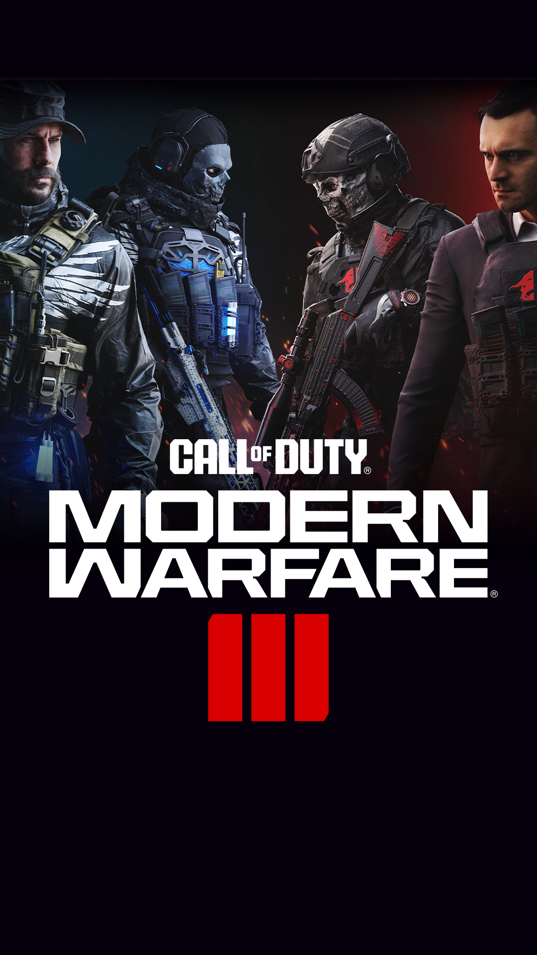 Call of Duty: Modern Warfare III phone wallpaper featuring four game characters in combat gear with the title logo at the bottom.