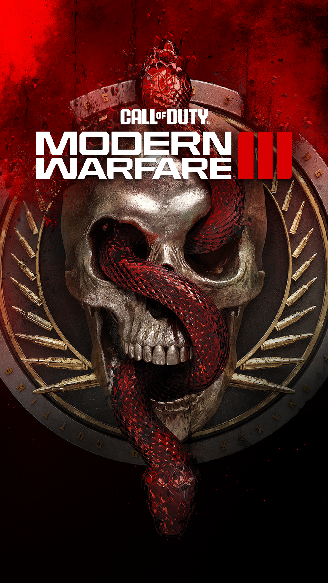Call of Duty: Modern Warfare III 2023 game logo with skull and snake, mobile phone wallpaper.