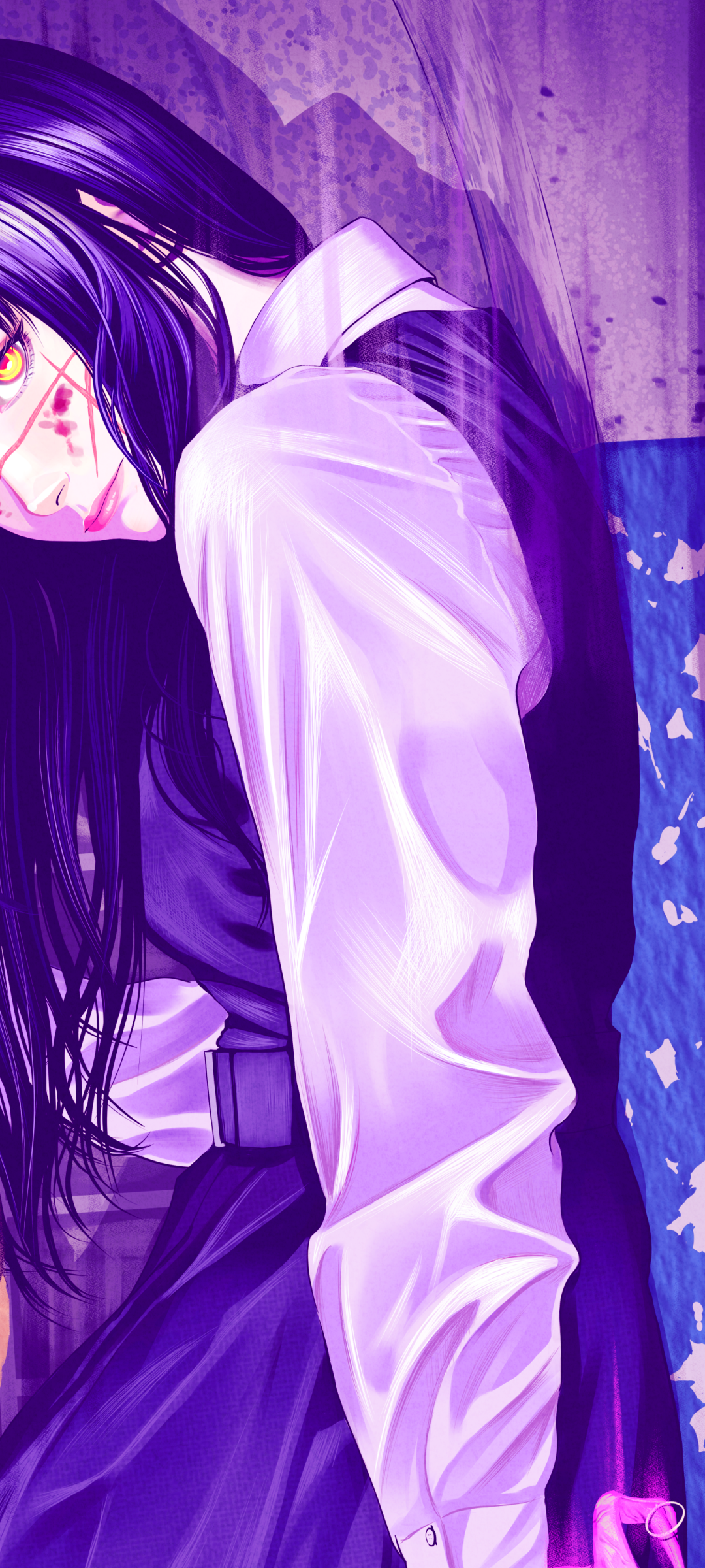 Vertical anime phone wallpaper: Chainsaw Man character with long dark hair and yellow eyes, in a white shirt, purple-tinted lighting and paint-splattered textured background.
