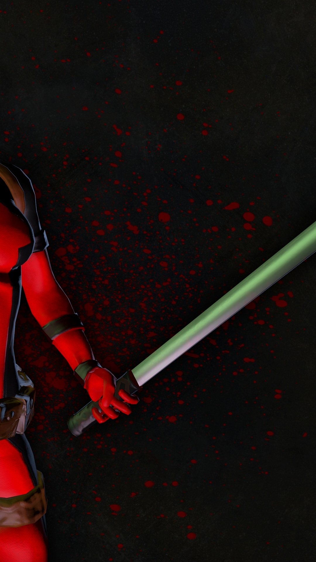 Phone wallpaper featuring a close-up of Deadpool from the comic, holding a katana against a dark, blood-splattered background, compatible with iPhones and Android devices.