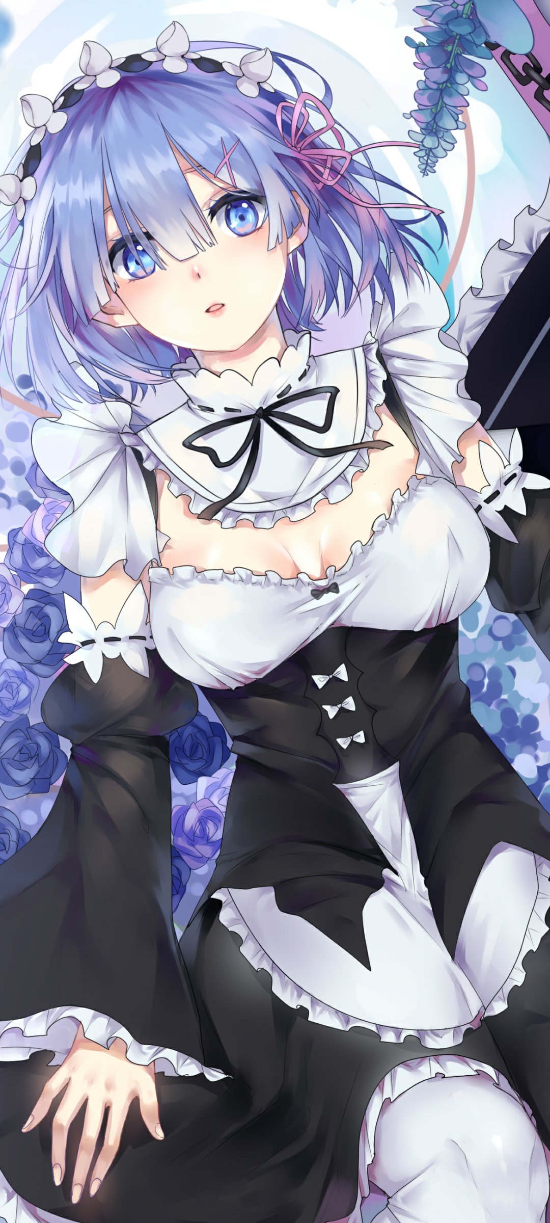 Phone wallpaper of Rem from Re:Zero in her black-and-white maid outfit, blue hair and eyes, floral background, looking up with a gentle expression.