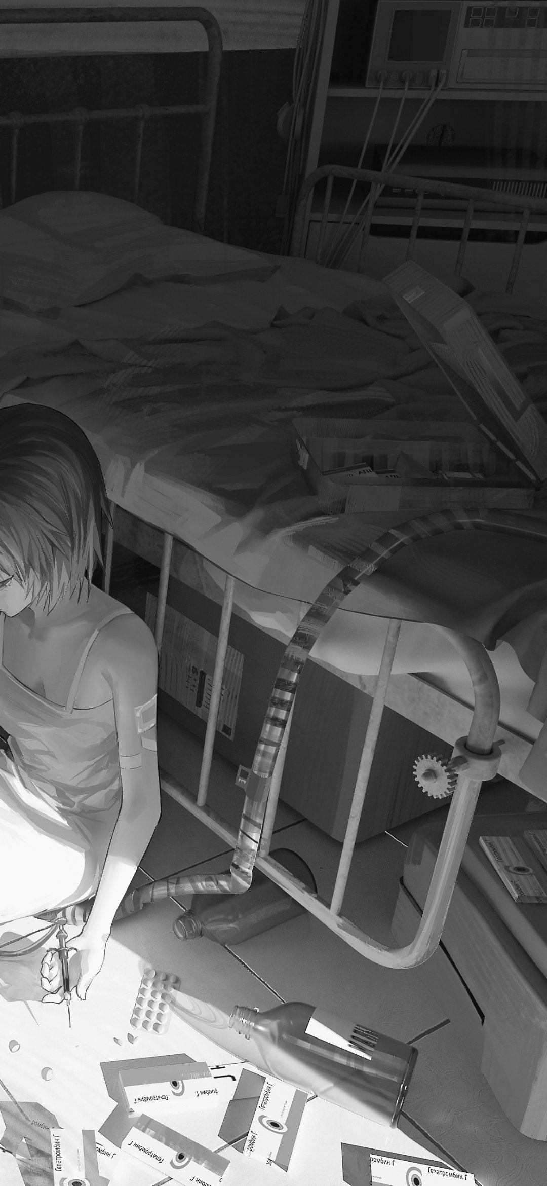 Monochrome anime scene from Neon Genesis Evangelion featuring a girl beside a hospital bed, designed as a phone wallpaper compatible with iPhone and Android devices.