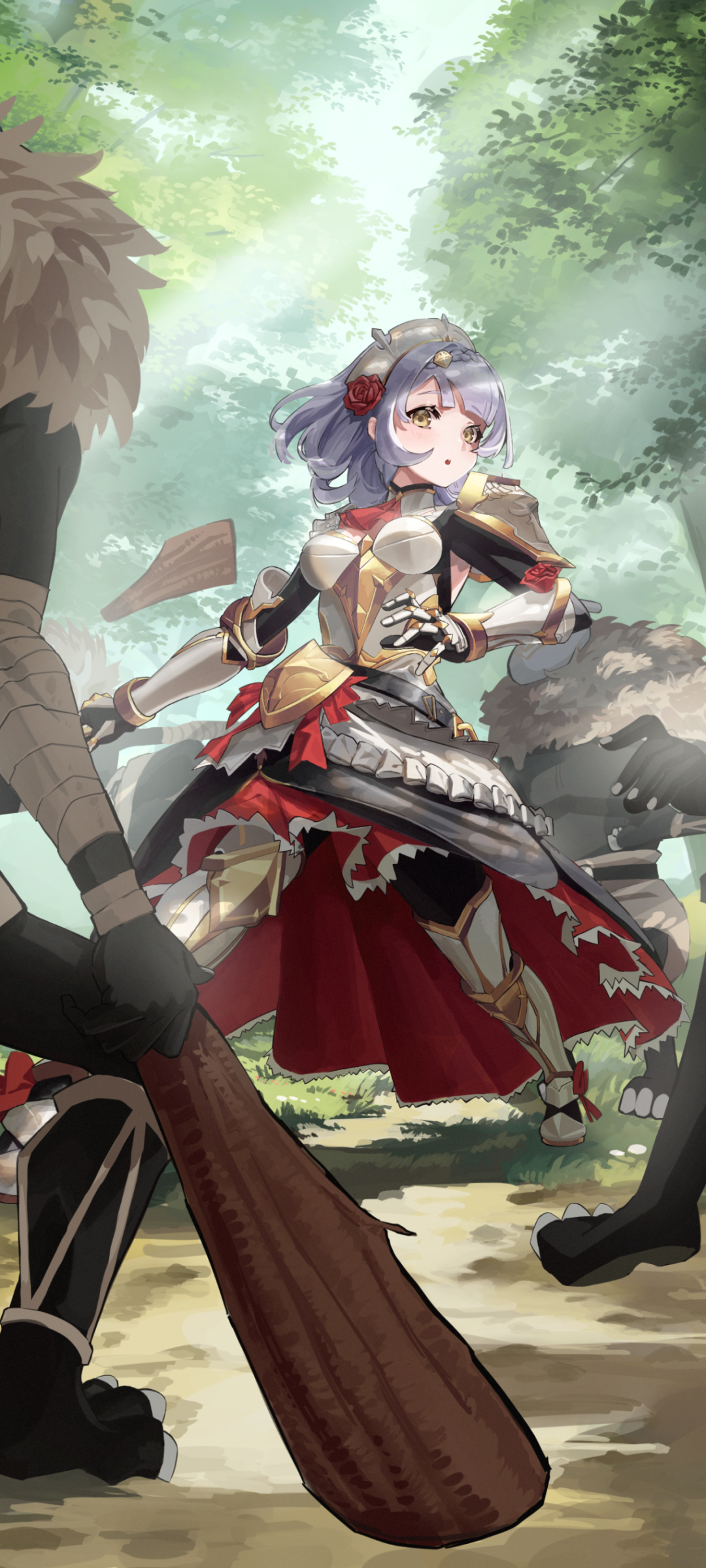 Video game phone wallpaper: Genshin Impact’s Noelle in armor, claymore raised, standing in a sunlit forest, poised and ready for battle.