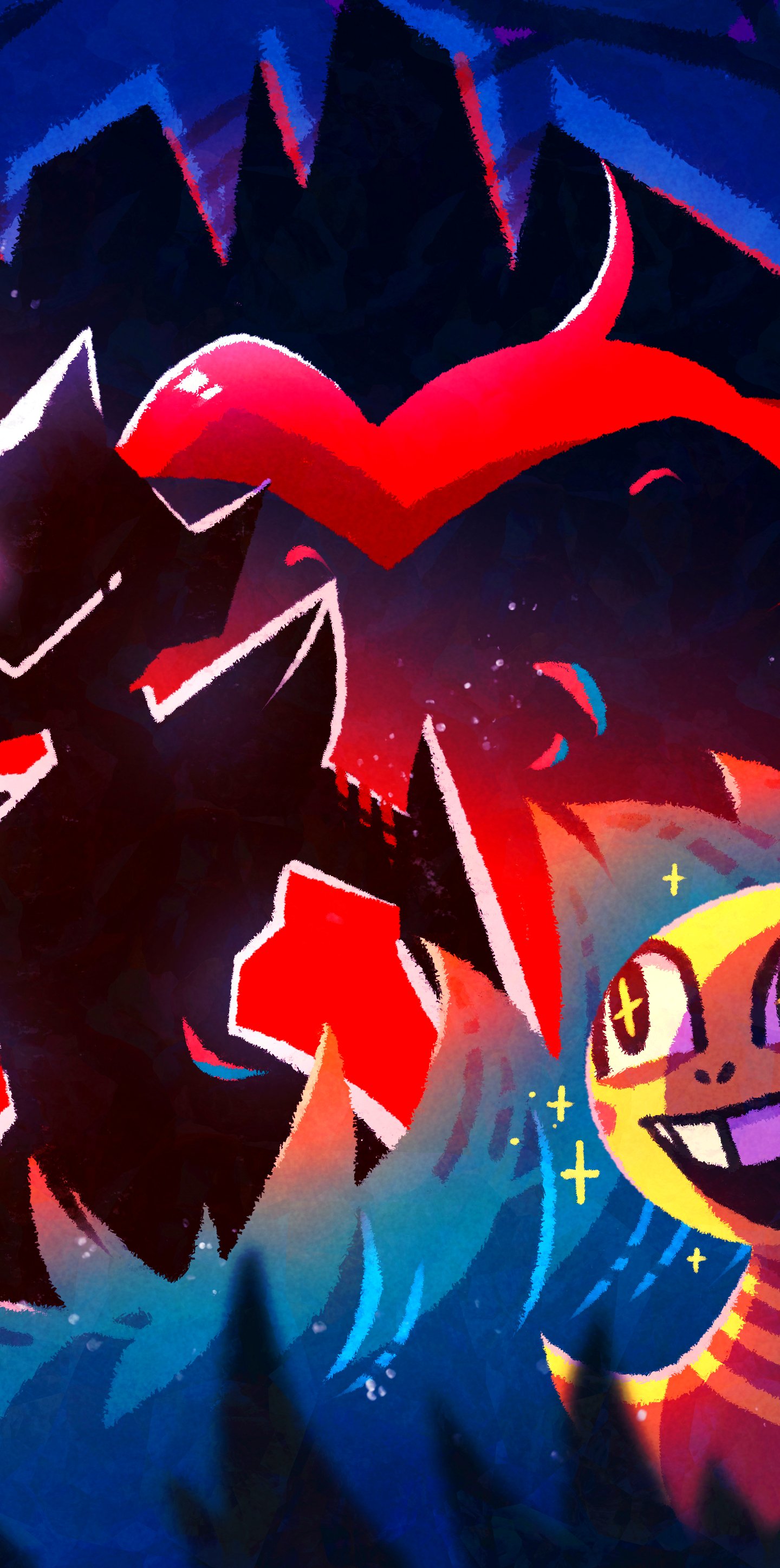 Phone wallpaper of a video game (Undertale): a shadowy wolf-like monster with a glowing red heart/soul looming beside a grinning yellow character against a blue-red cosmic backdrop.