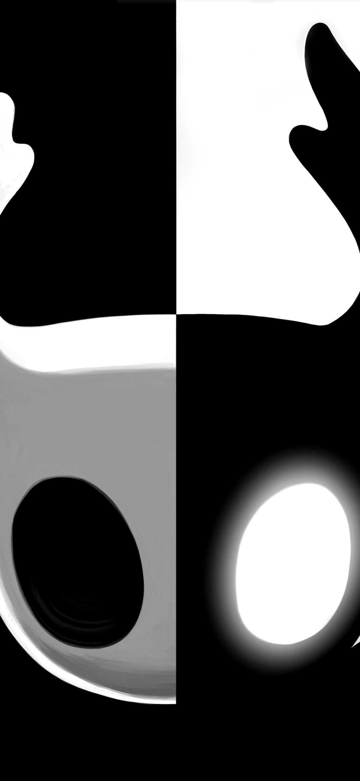 Video game Hollow Knight phone wallpaper: high-contrast Knight mask split into black and white vertical halves, minimalist portrait layout for iPhone and Android.