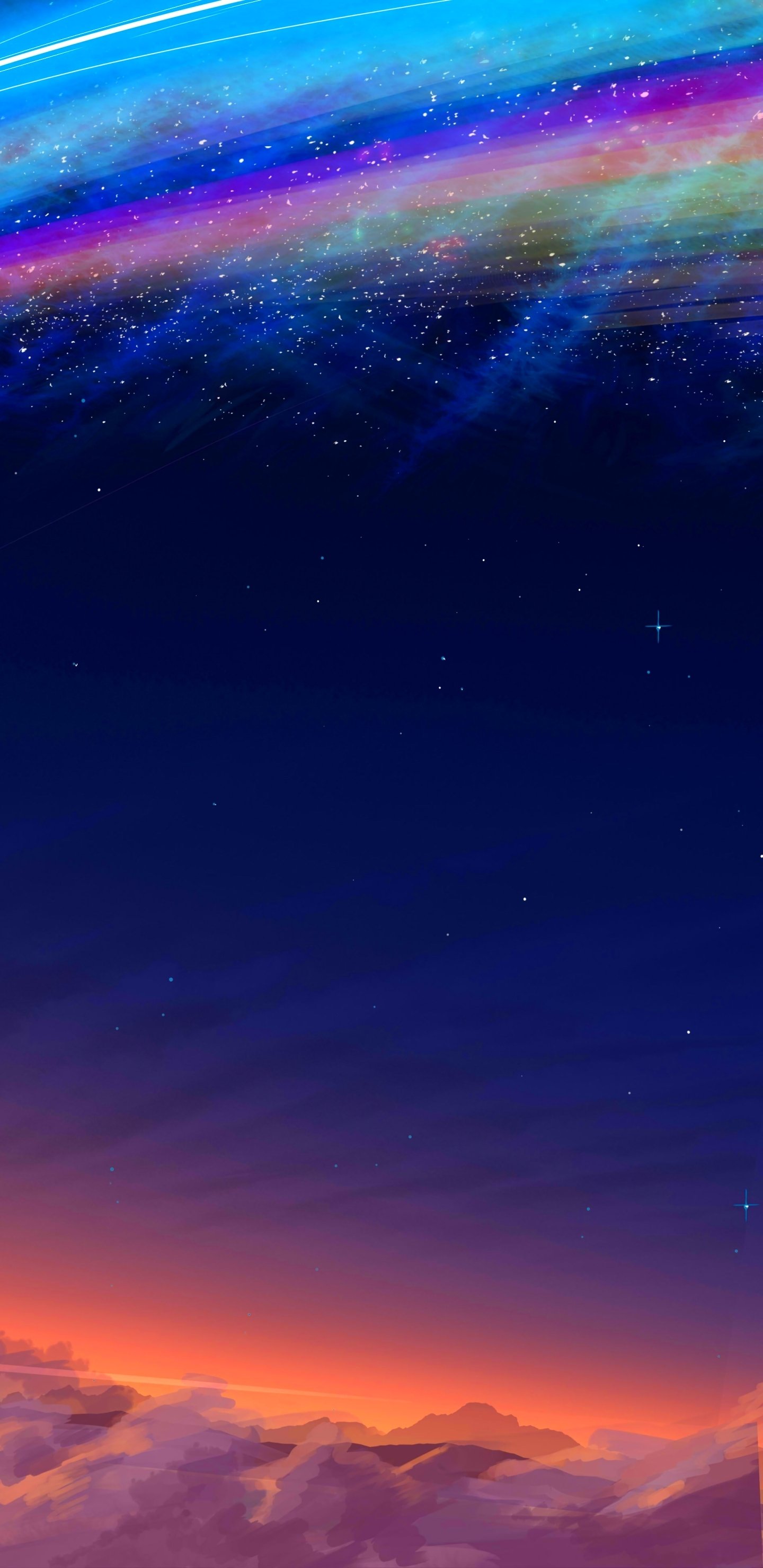 Anime-style Your Name. phone wallpaper featuring a vivid twilight sky with colorful nebula and stars, designed for both iPhone and Android screens.
