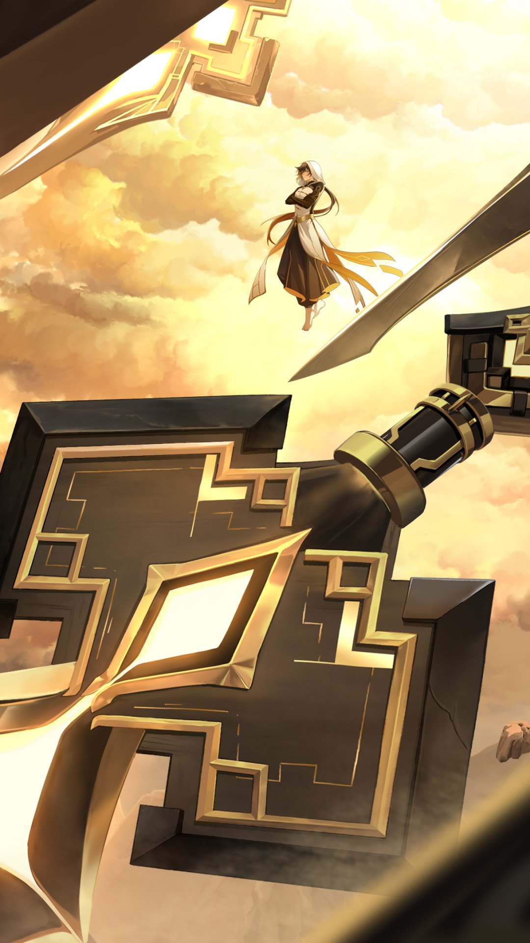 Phone wallpaper featuring a character from Genshin Impact floating above a giant, ornate weapon against a golden sky, designed for both iPhone and Android screens.