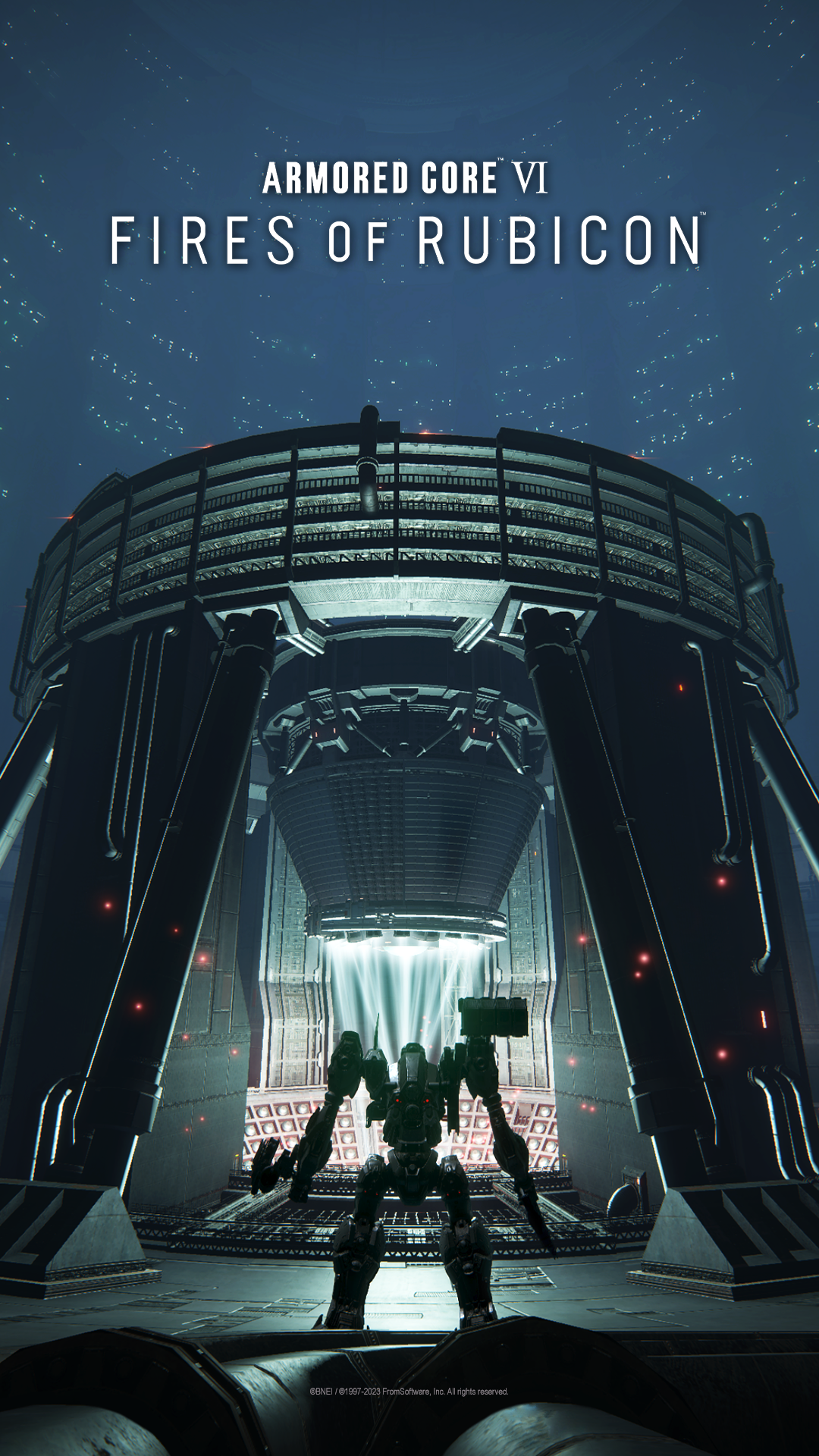 Armored Core VI: Fires of Rubicon phone wallpaper featuring a mech suit at the center of a futuristic hangar with the game's logo at the top.