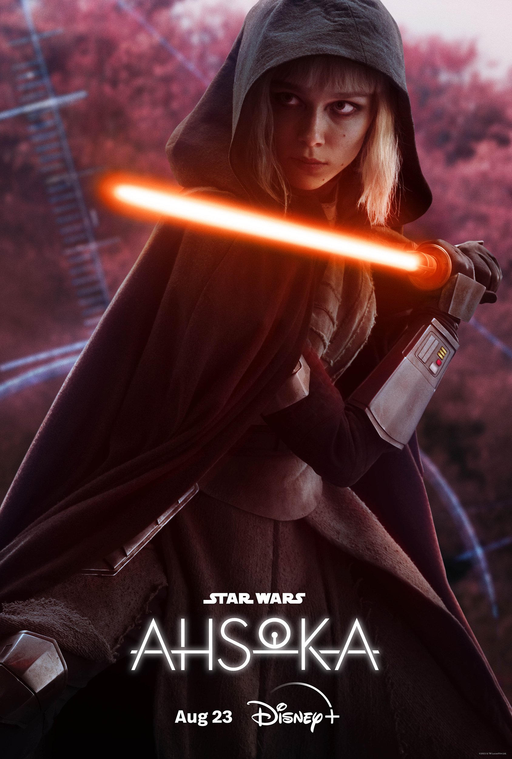 Star Wars character Ahsoka Tano with lightsaber, phone wallpaper for Disney+ series 'Ahsoka' premiering August 23.