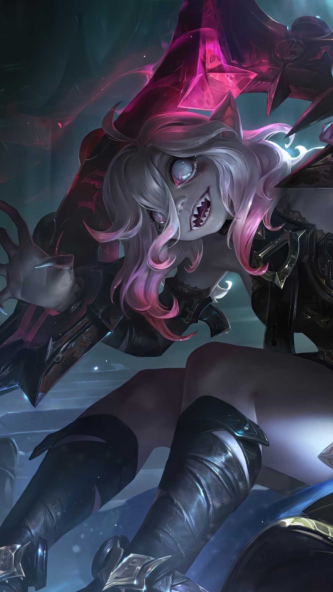 Phone wallpaper featuring Briar, a character from the video game League of Legends, with dark, eerie tones and glowing purple accents, compatible with iPhone and Android screens.