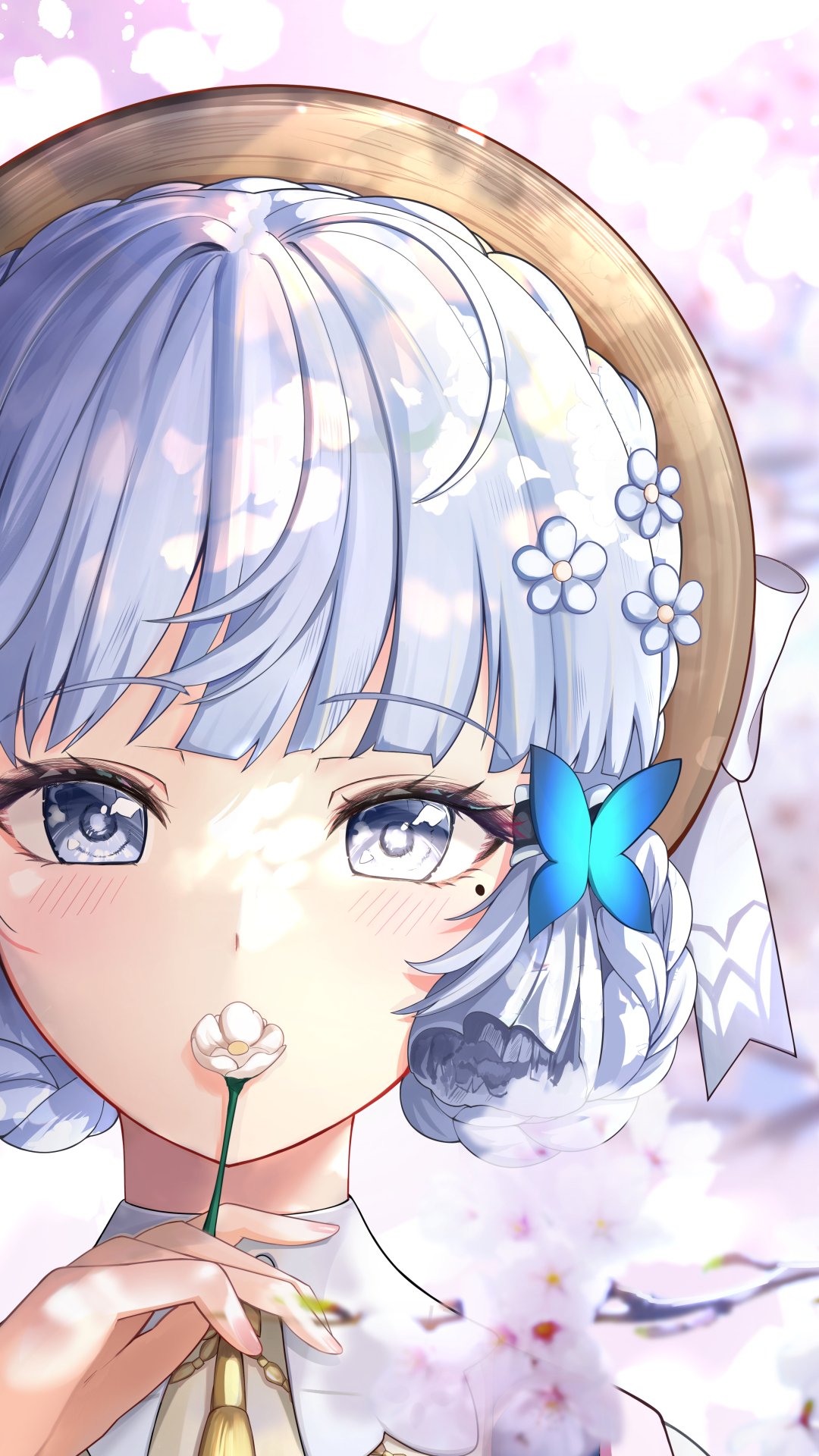 Close-up artwork of a Genshin Impact character with silver hair, blue eyes, and floral accessories, holding a small white flower, designed as a phone wallpaper for iPhones and Androids.