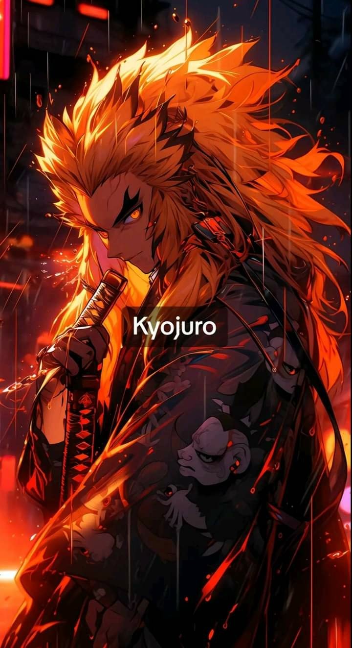 Phone wallpaper featuring Kyojuro from Demon Slayer: Kimetsu no Yaiba, with fiery orange hair and intense gaze, designed for both iPhones and Android devices in anime style.