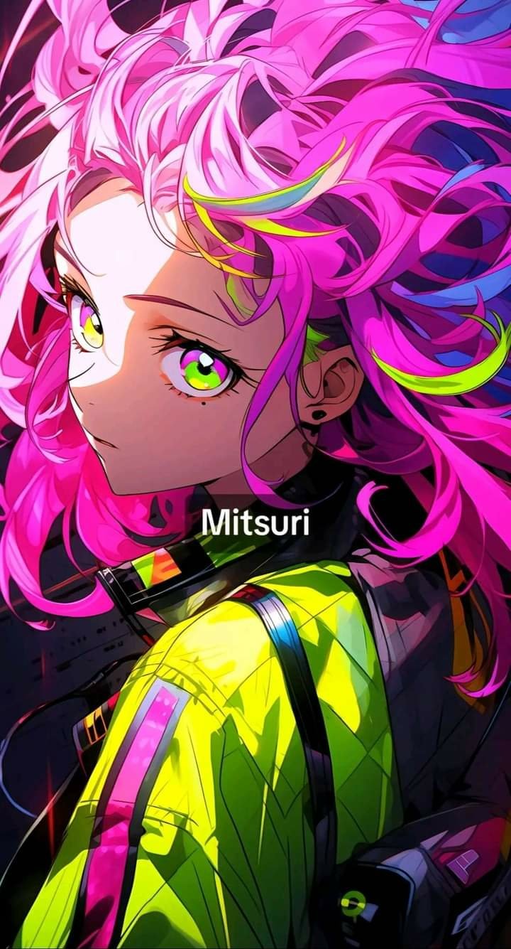 Phone wallpaper featuring Mitsuri from Demon Slayer: Kimetsu no Yaiba in vibrant anime style, with her pink hair and bright green eyes, designed for iPhone and Android displays.